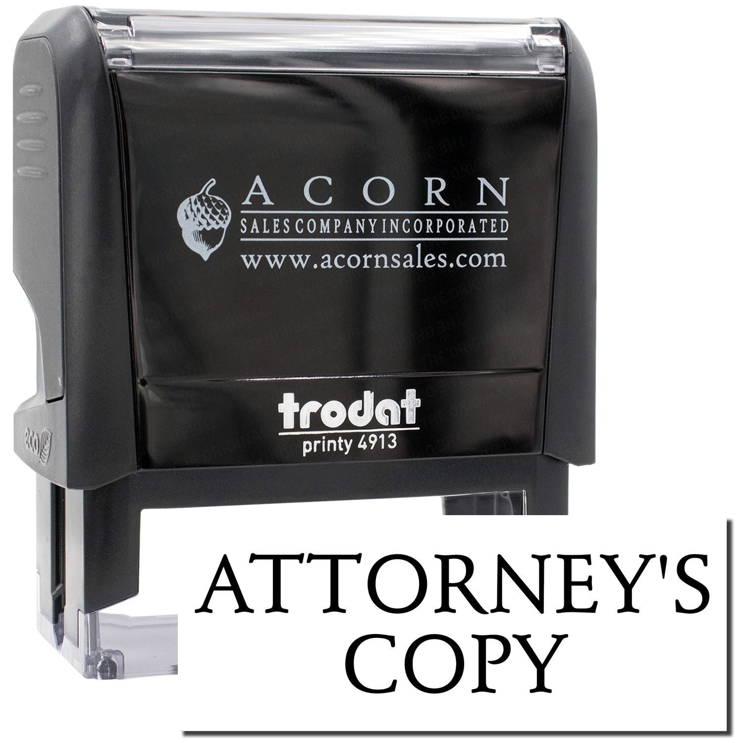 Acorn Sales Printy 4913 attorney's copy self-inking stamp with Acornsales.com branding for legal document marking office paperwork