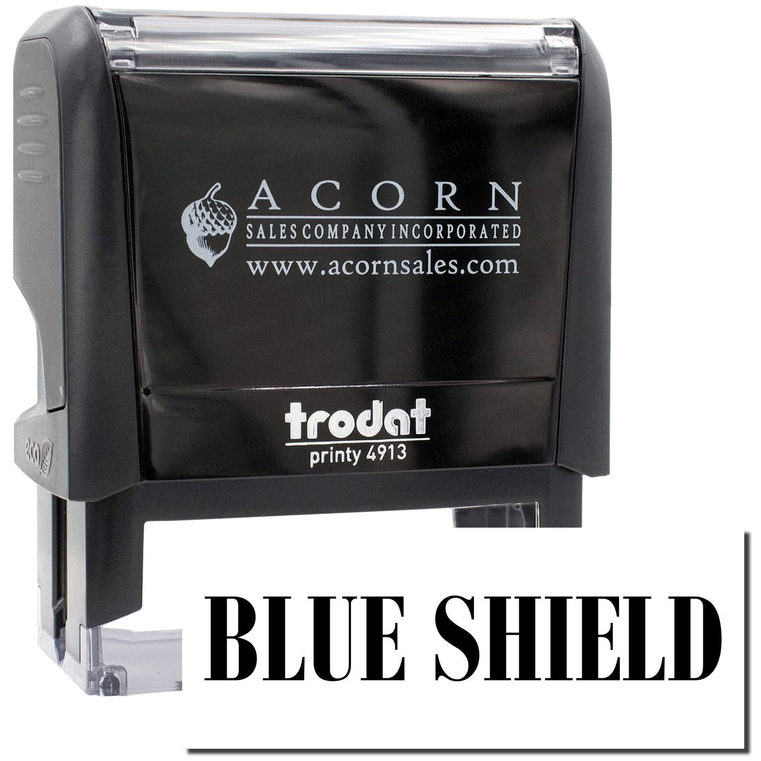 Acorn Sales Trodat Printy 4913 self-inking stamp labeled Blue Shield for marking paperwork and compliance forms
