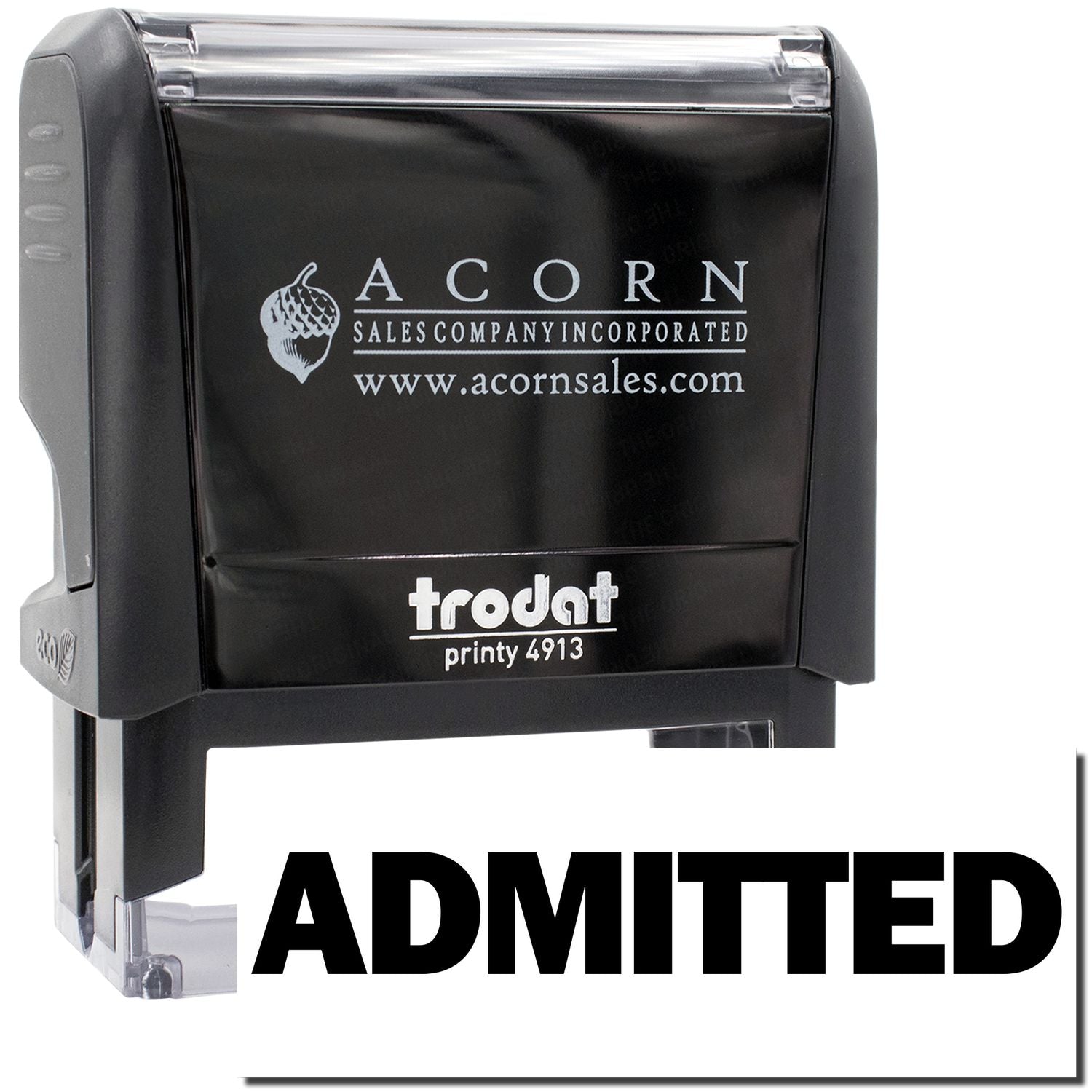 Acorn Sales Frodat Printy 4913 self-inking stamp showing ADMITTED imprint for document approval.