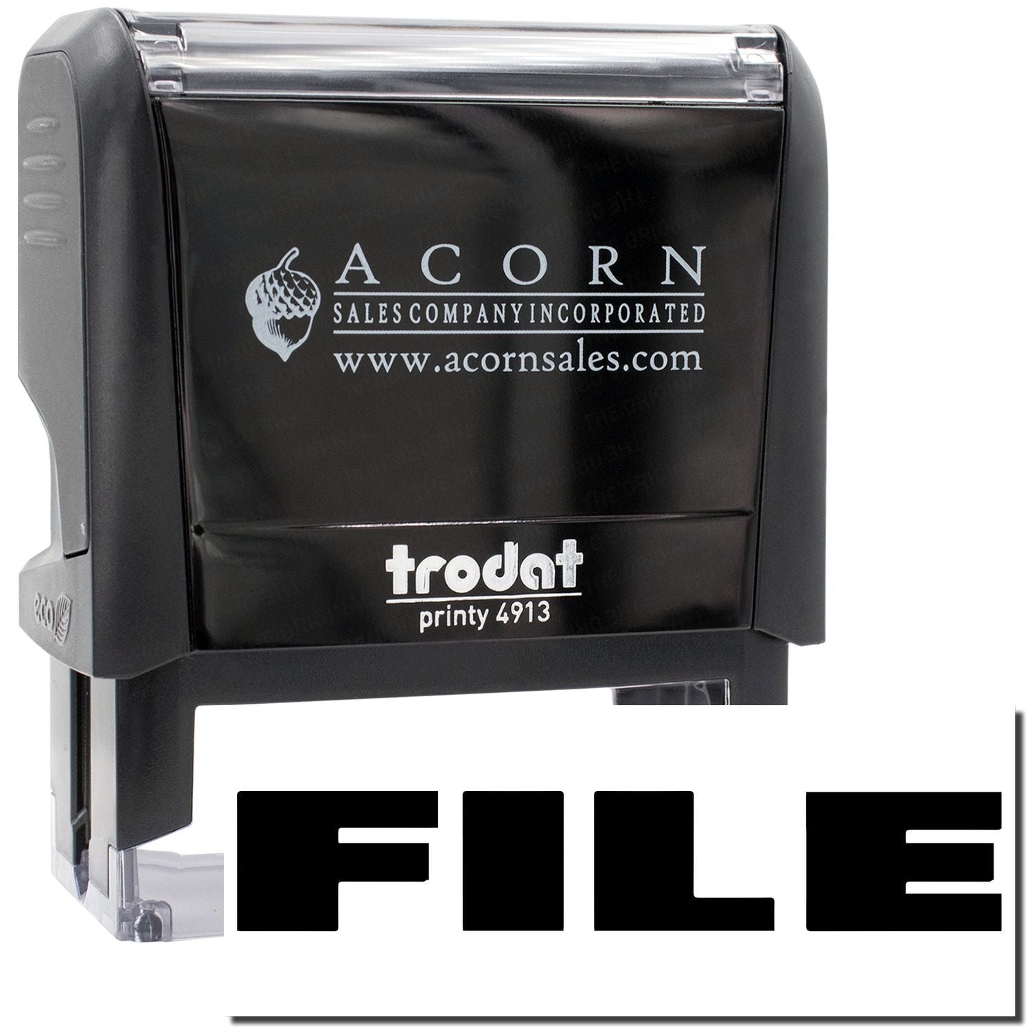 Acorn Sales branded Trodat Printy 4913 self-inking stamp showing acornsales.com logo and imprint.