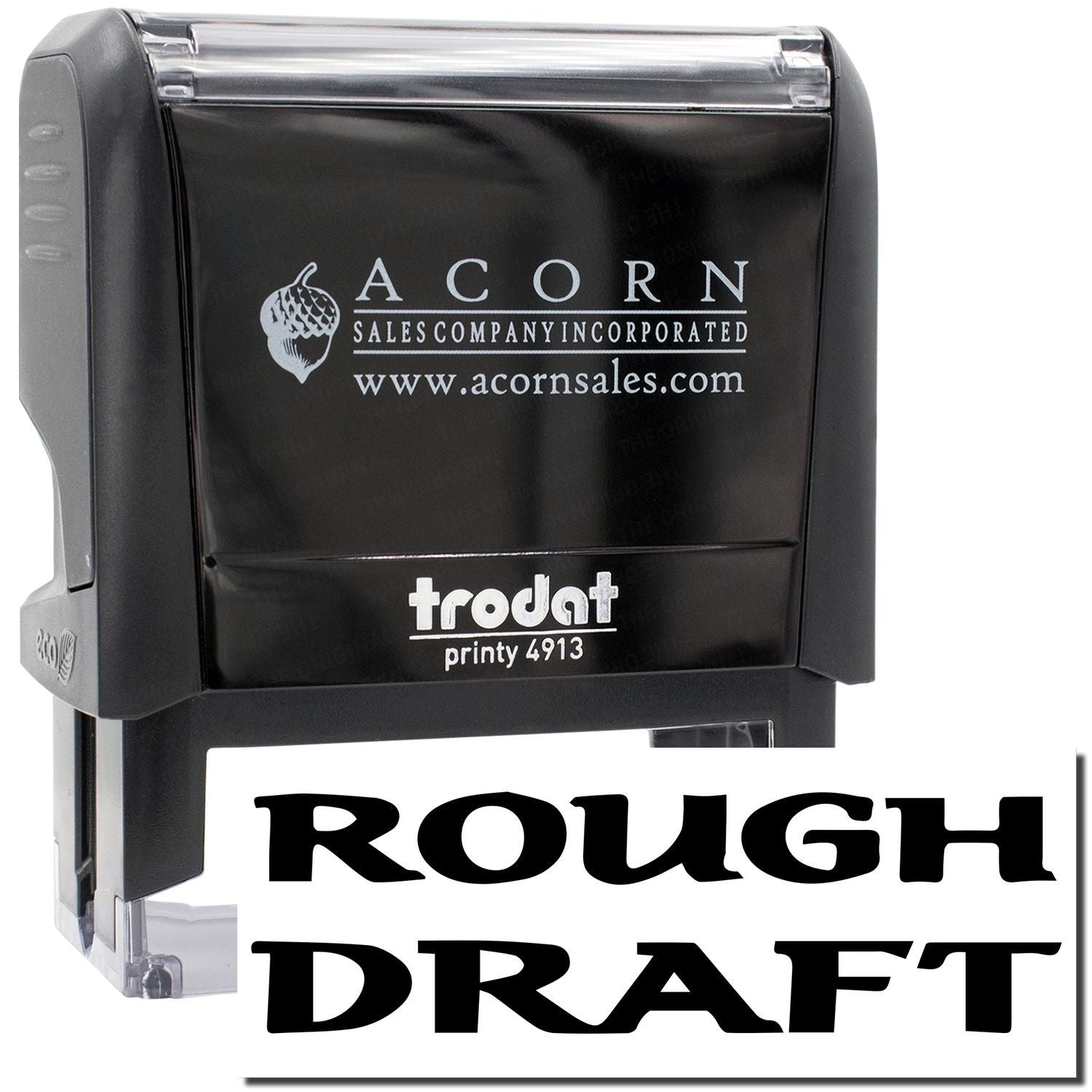 Acorn Sales Printy 4913 self-inking stamp showing Rough Draft for document approval labeling and office workflow.