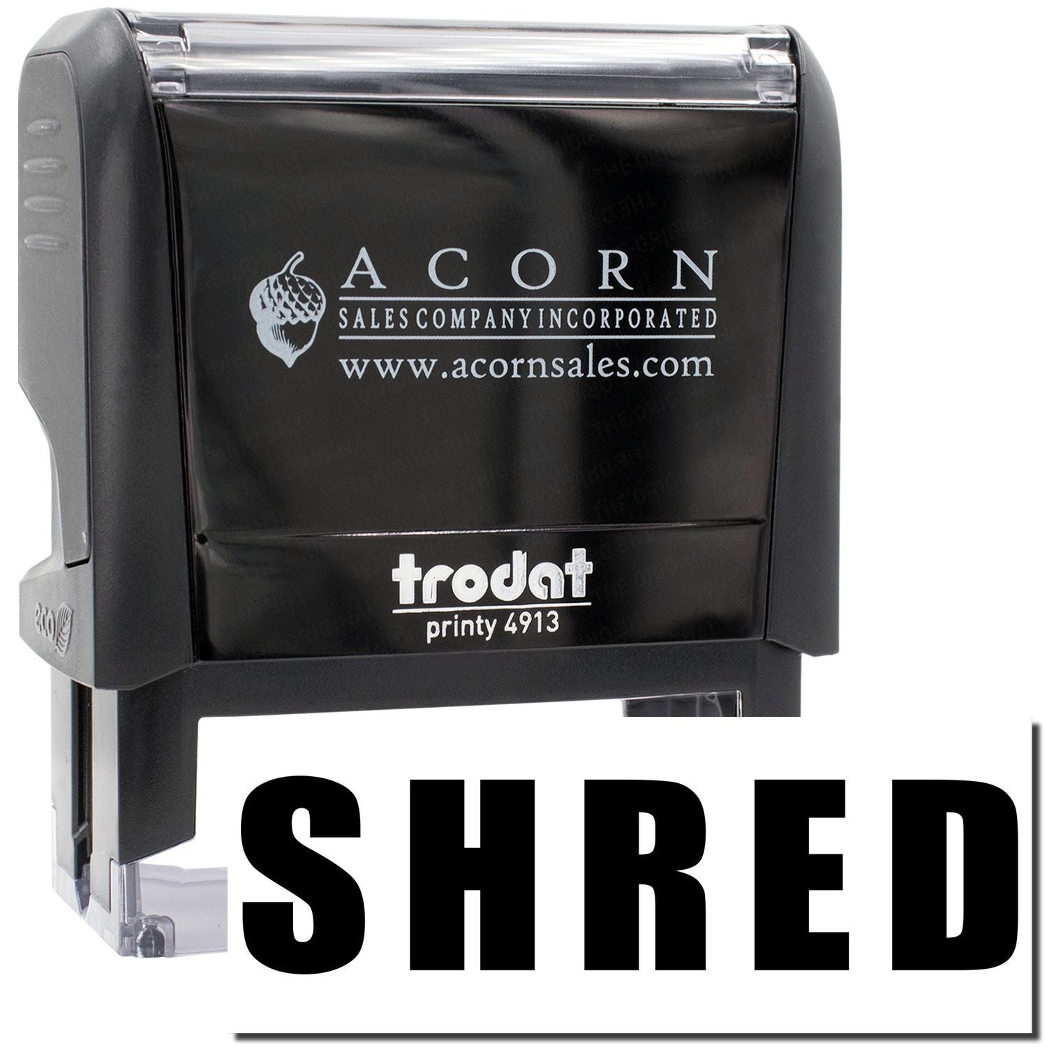 Acorn Sales Frodat Printy 4913 self-inking shred stamp with acornsales.com logo for office document destruction security labeling.