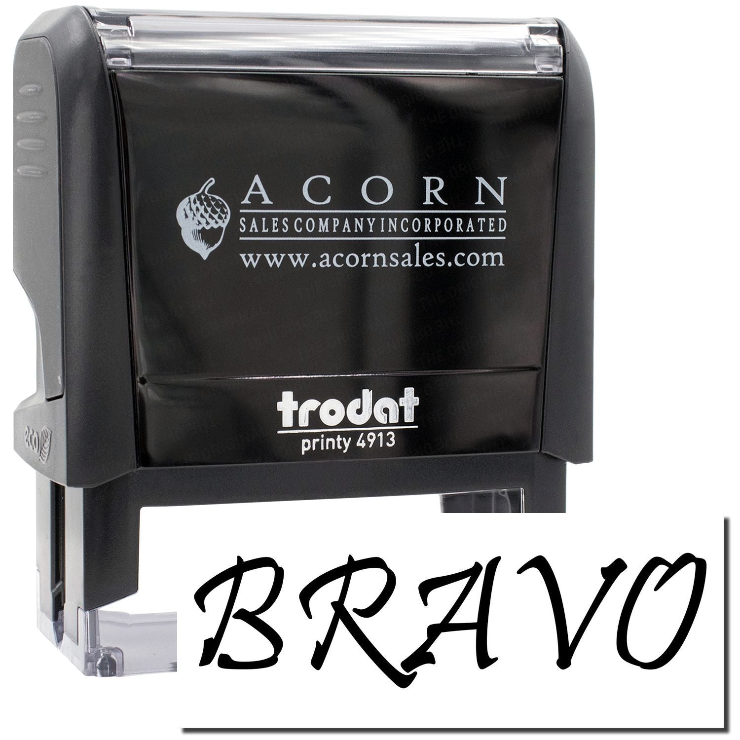 Acorn sales self-inking stamp, Printy 4913, showing BR4V0 marking for packaging labeling and inventory management