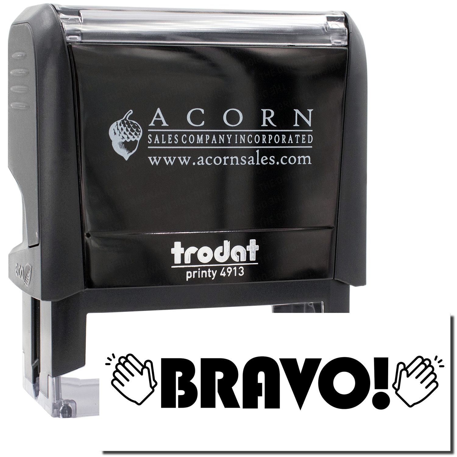 Acorn Sales Printy 4913 self-inking stamp with BRAVO text for quick workplace recognition and praise