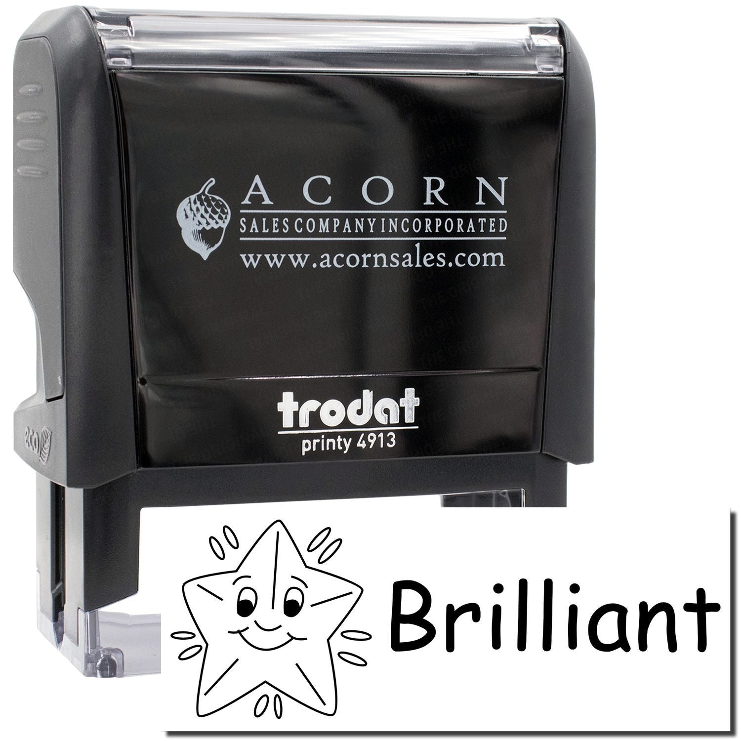 Acorn Sales Trodat Printy 4913 stamp showing the Brilliant imprint for quick product labeling and branding at acornsales.com.