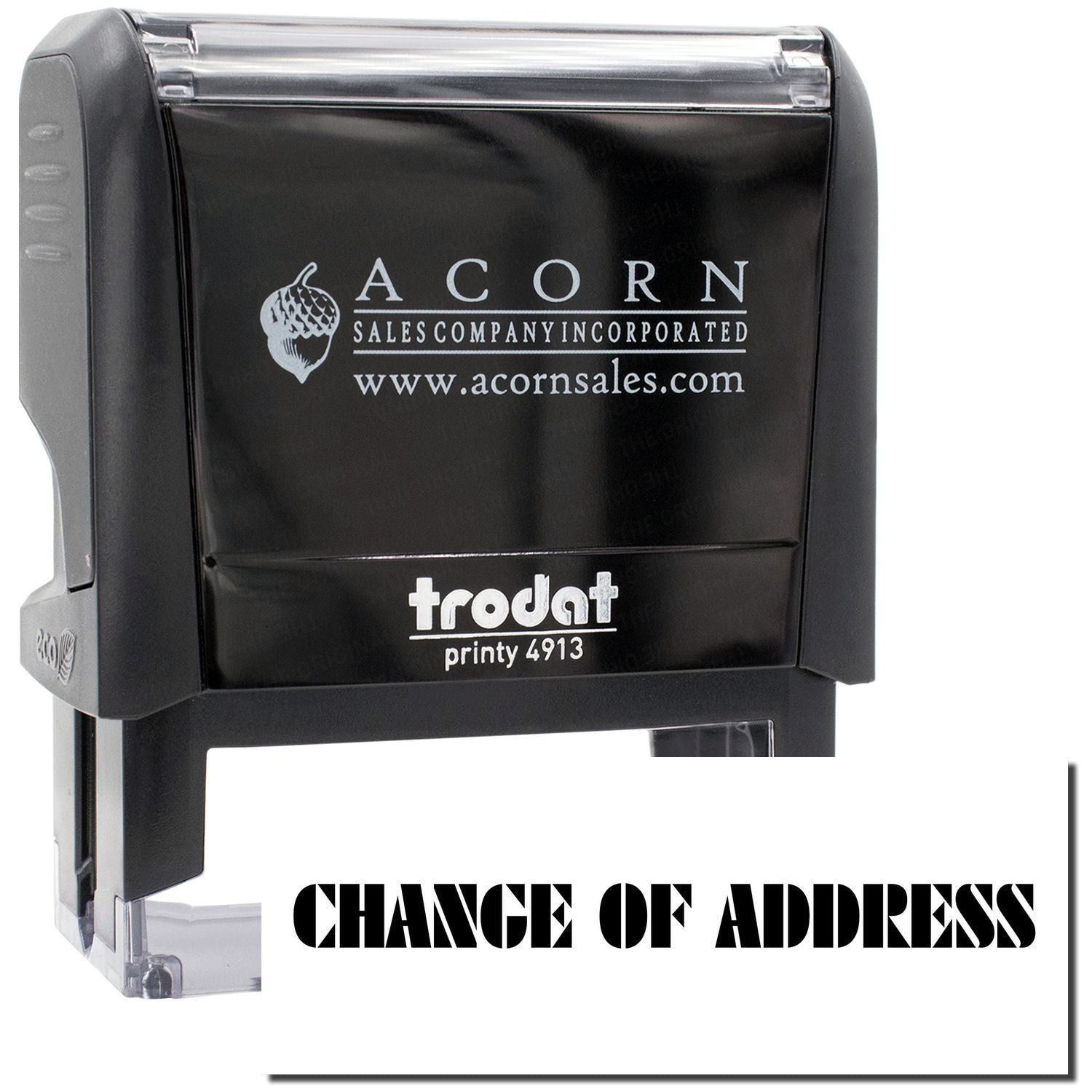 Trodat Printy 4913 Acorn Sales address stamp showing CHANCE OF ADDRESS for business mailing and labeling.
