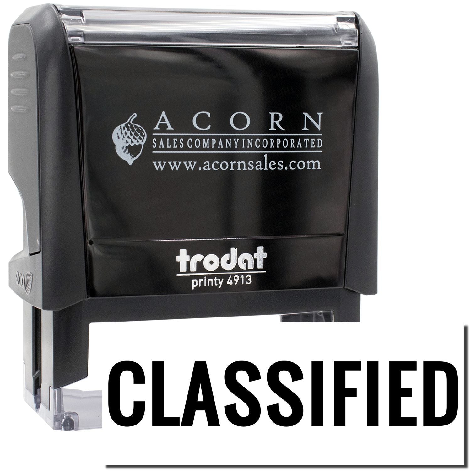 Acorn Sales classified stamp device with AcornSales.com and Printy 4913 branding for office paperwork, mail, and inventory labeling