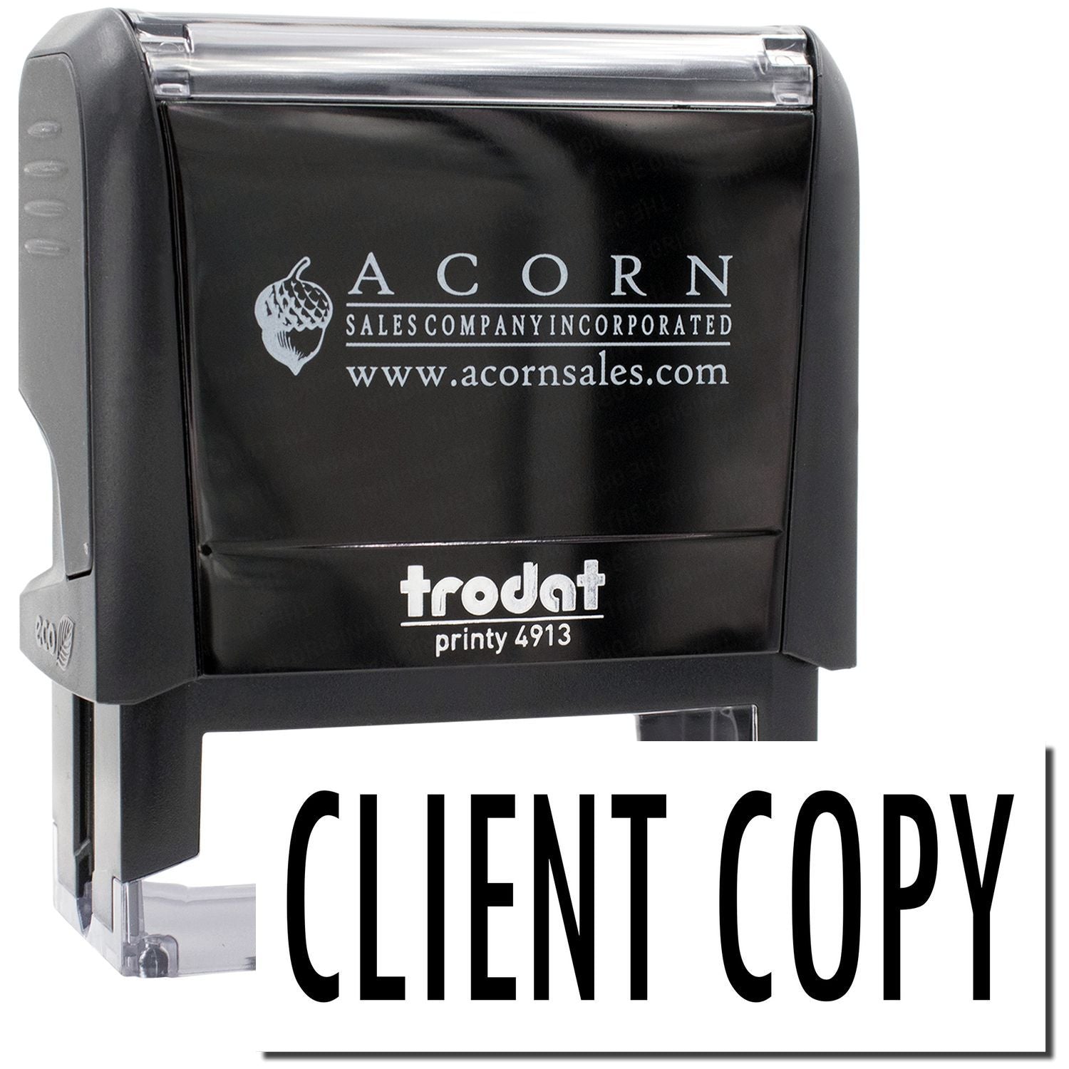 Trodat Printy 4913 self-inking stamp showing Acorn Sales Company logo, website, and CLINT COPY text.