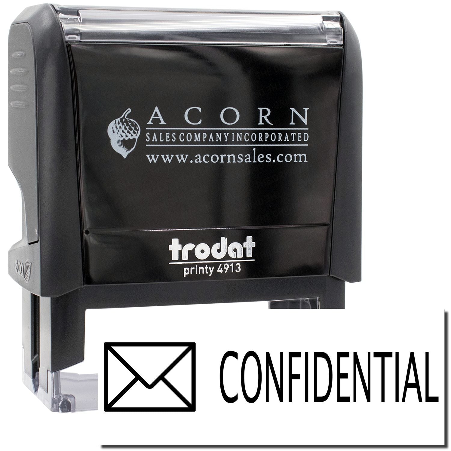 Acorn Sales Printy 4913 self-inking stamp applies CONFIDENTIAL mark to documents for secure office mail.