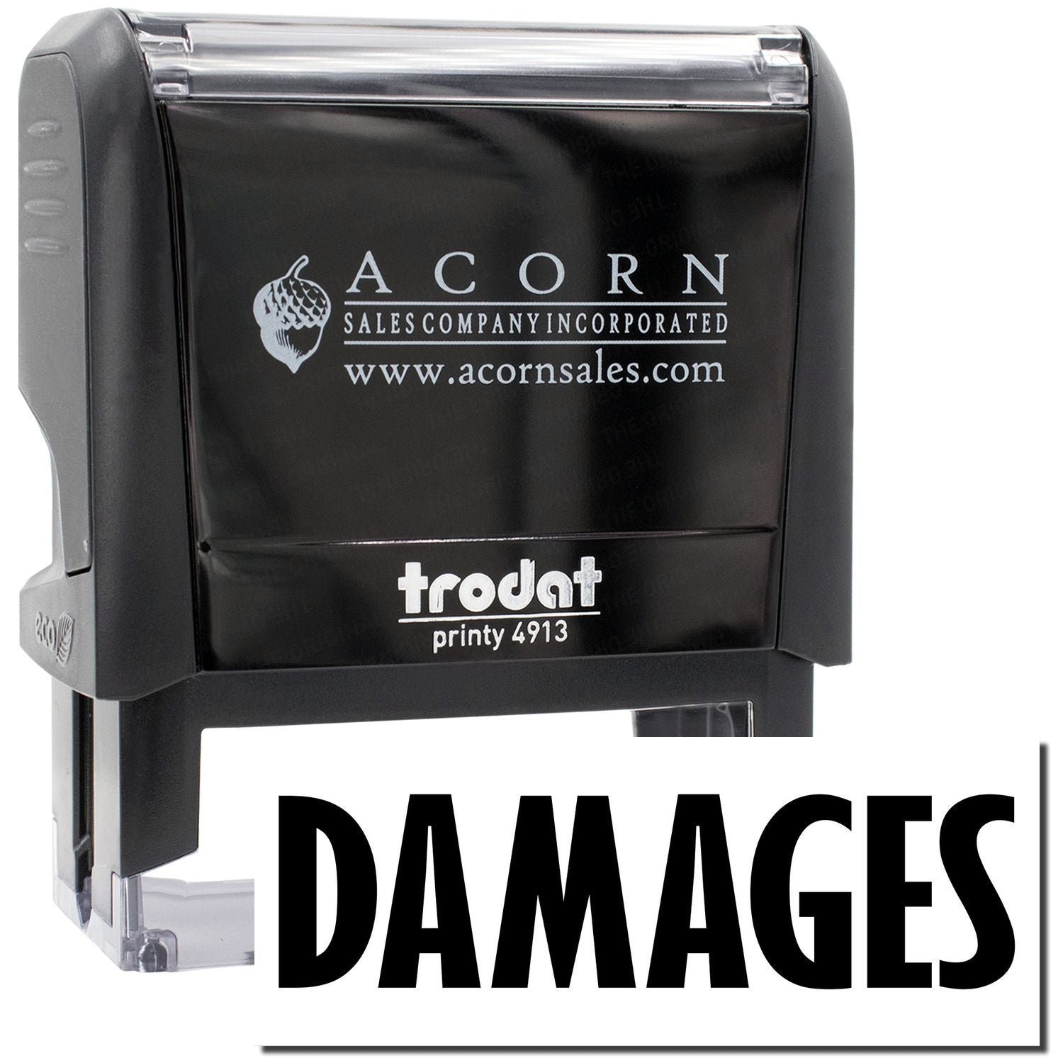 Acorn Sales Trodat Printy 4913 "DAMAGES" rubber stamp for marking shipping documents and insurance claims, branded Acorn Sales Company Incorporated.