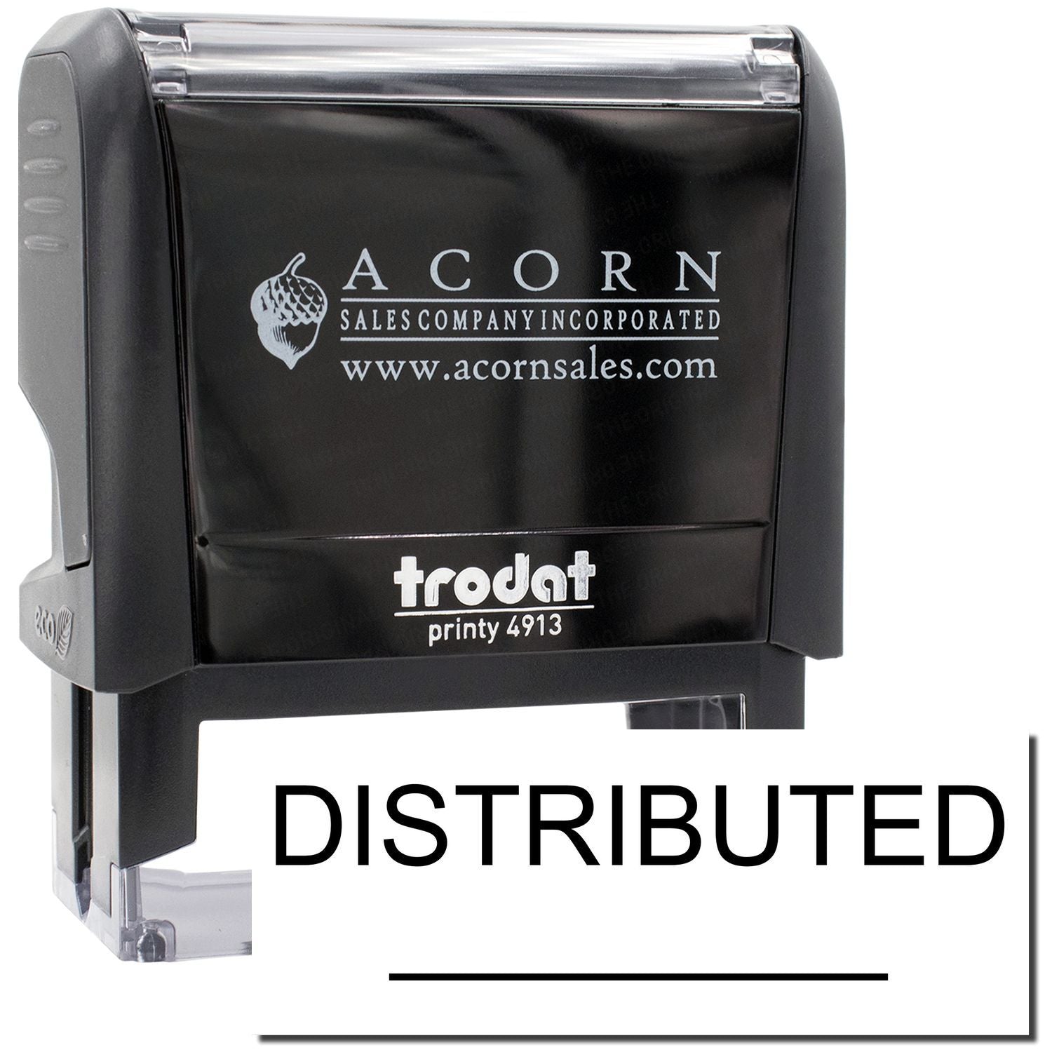 Distributed Acorn Sales printed stamp on black ink device, showing Acorn Sales Company Incorporated and www.acornsales.com.