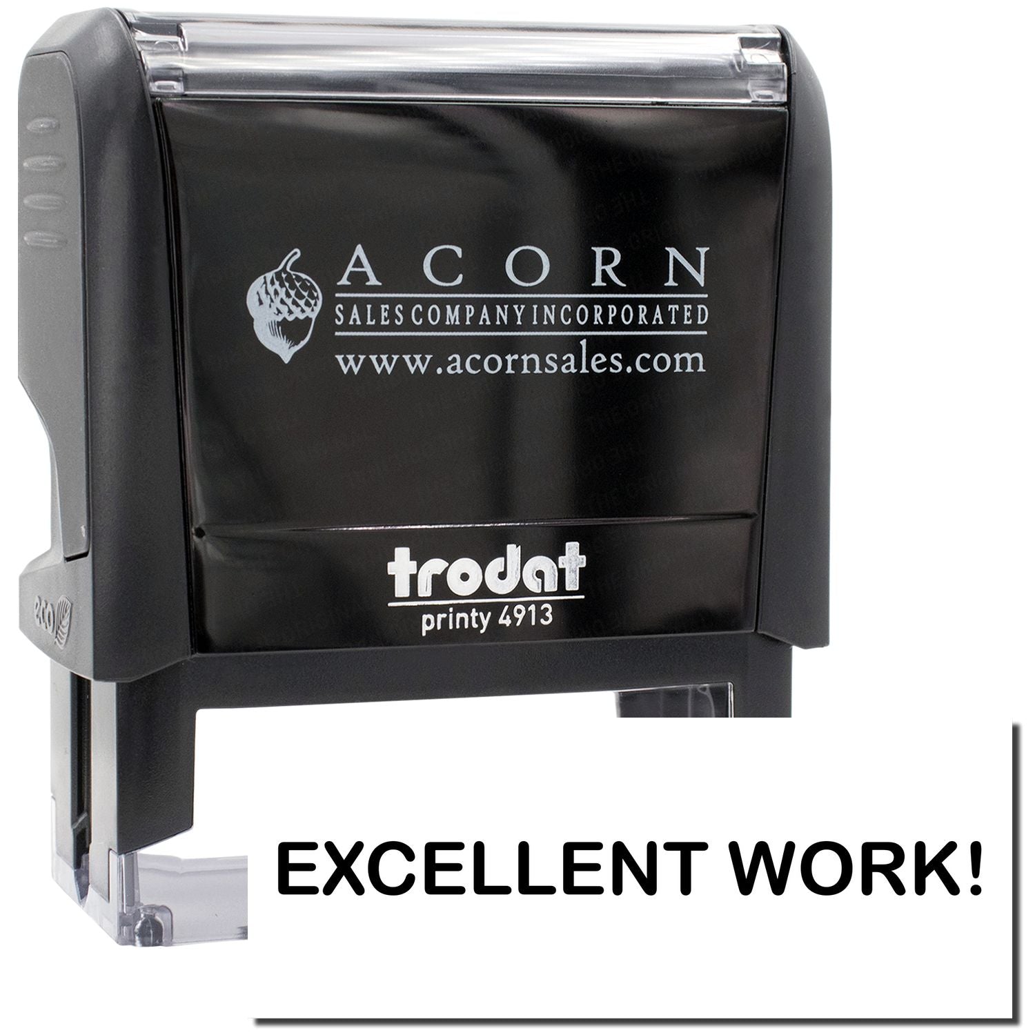 Trodat Printy 4913 self-inking stamp with Acorn Sales Company logo and 'Excellent Work' for branded document approval and marketing.