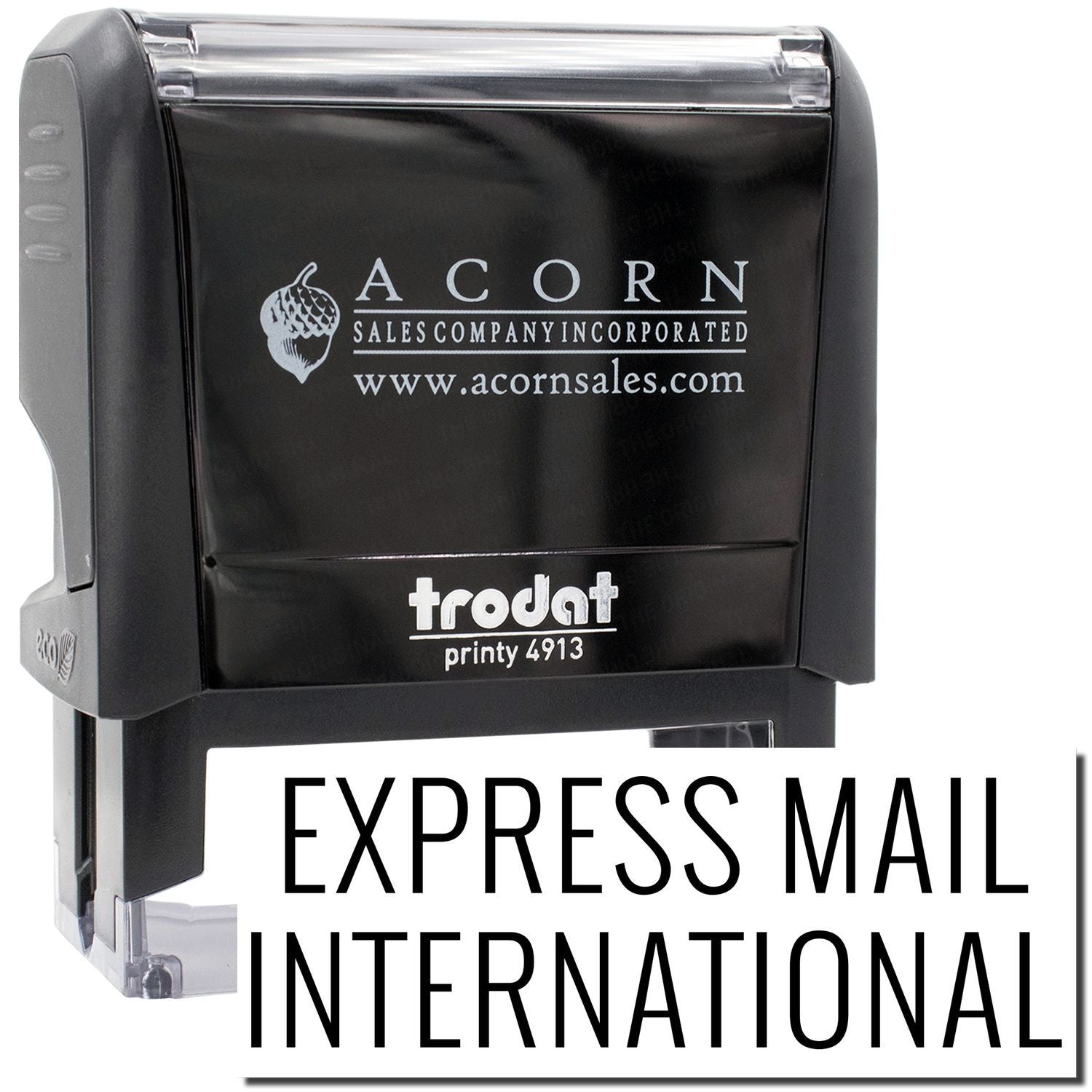 Acorn Sales trodat Printy 4913 stamp for Express Mail International, showing branding and mailing marking.
