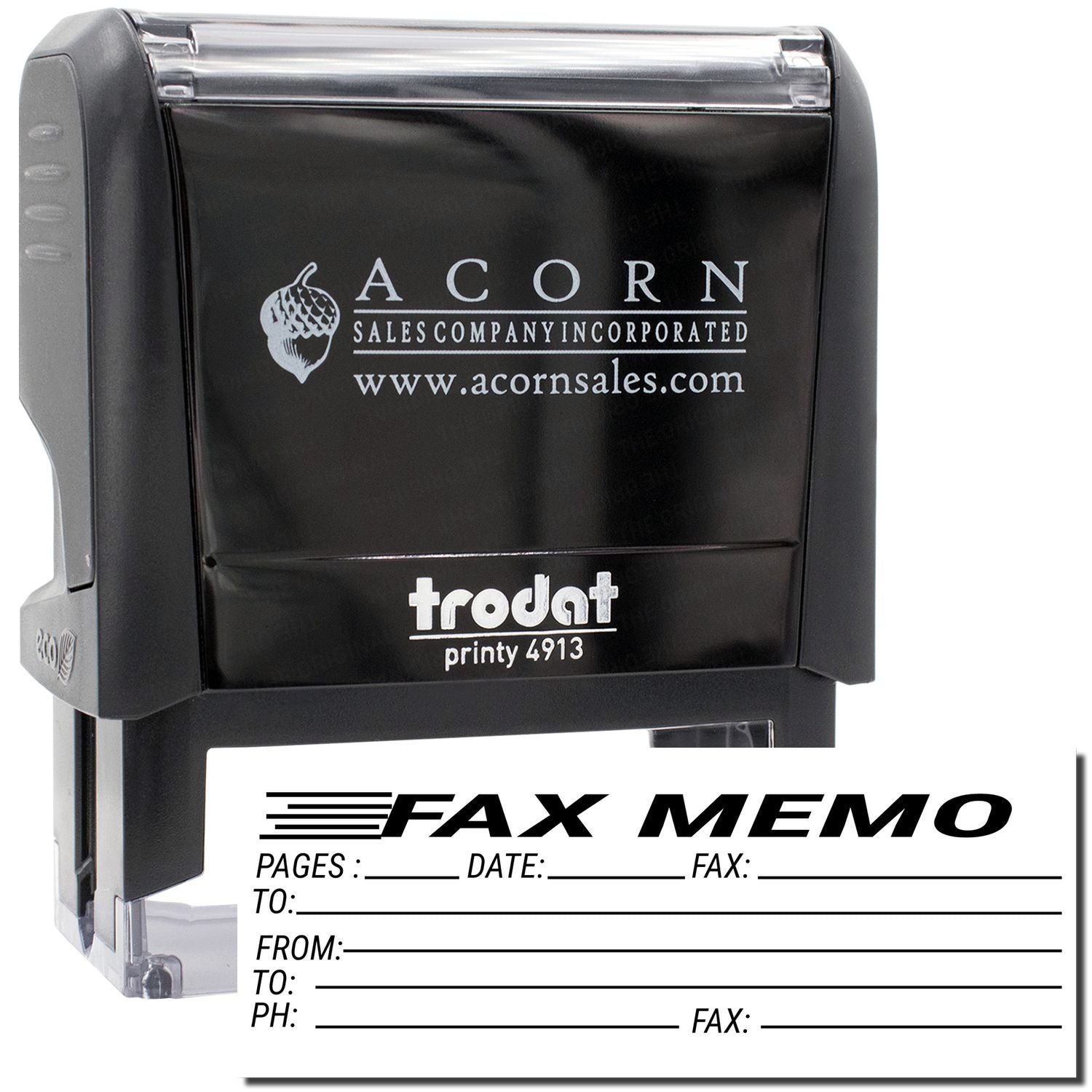 Acorn Sales Company Incorporated Fax Memo stamp for printing dates, pages, and recipient details with AcornSales.com branding.