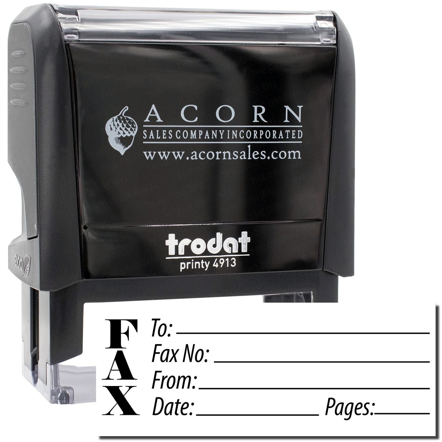 Acorn Sales Company branded Printy 4913 stamp showing To/Fax No/From/Date fields for office document and fax cover sheets for order processing.