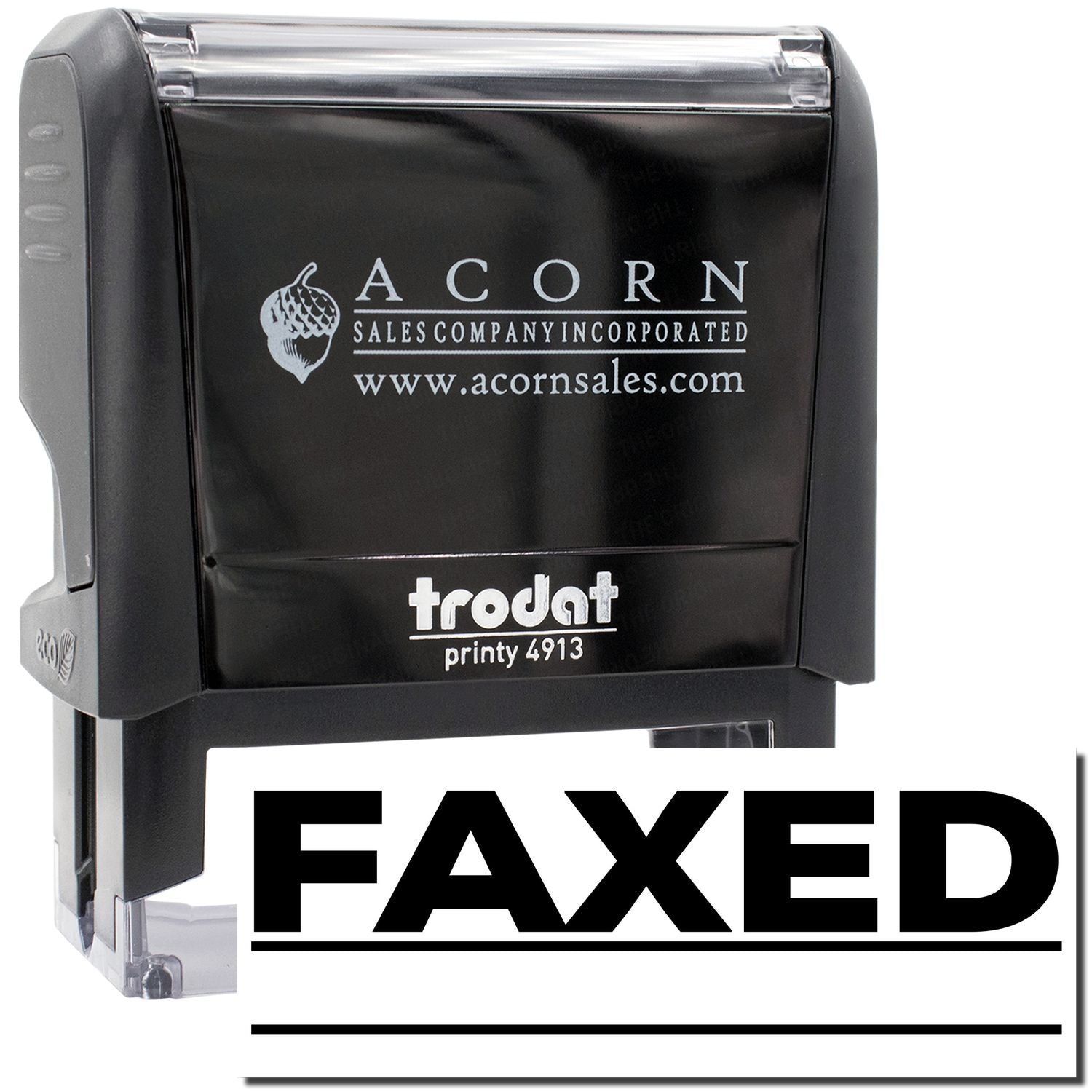 Acorn Sales Printy 4913 ink stamp with 'FAXED' for faxed document confirmation, tracking, and office paperwork processing quickly.