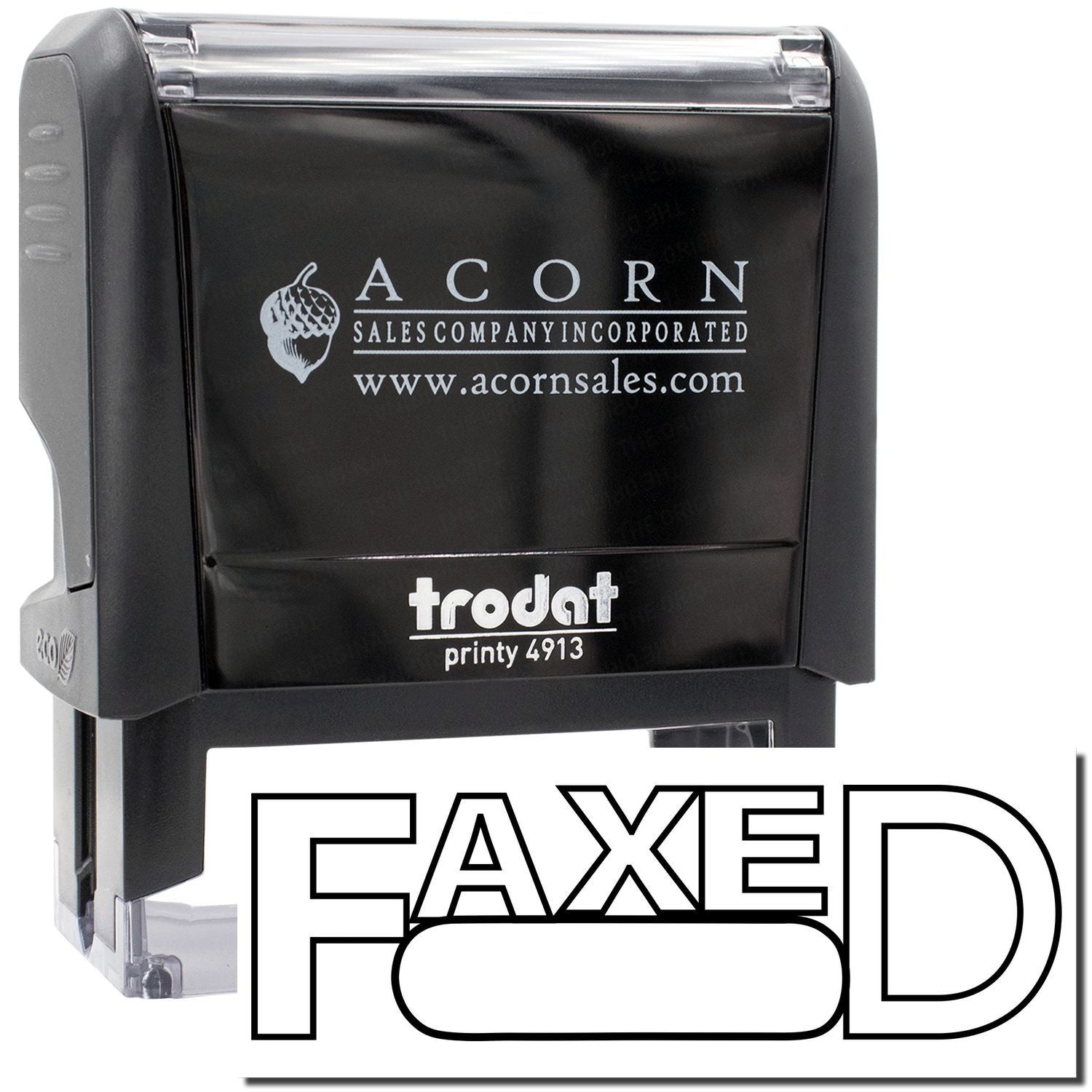 Trodat Printy 4913 self-inking business stamp for Acorn Sales Company Incorporated, showing acornsales.com website and corporate logo imprint.