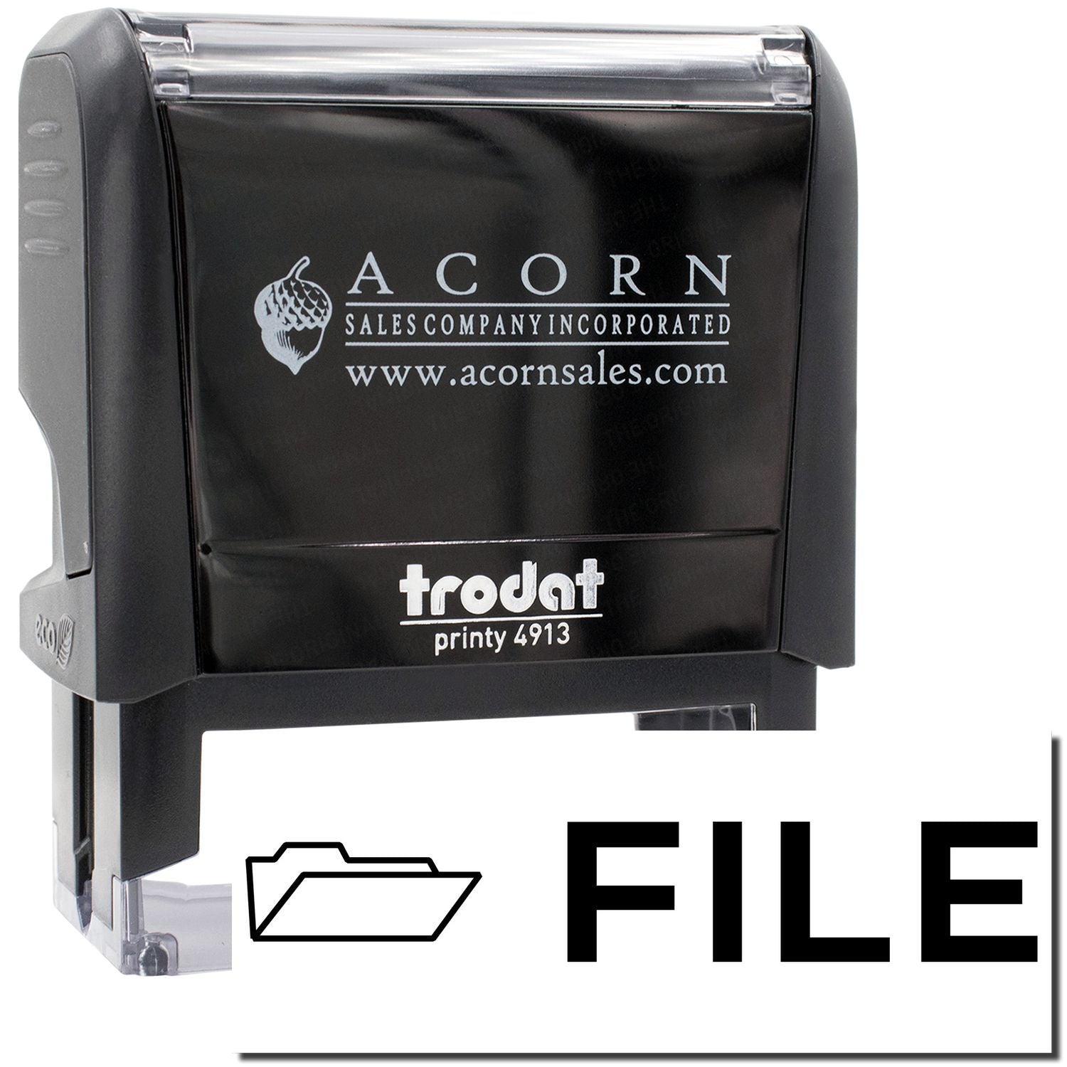 Acorn Sales pre-inked stamp showing Printy 4913 model and acornsales.com branding for labeling shipping documents and company branding.