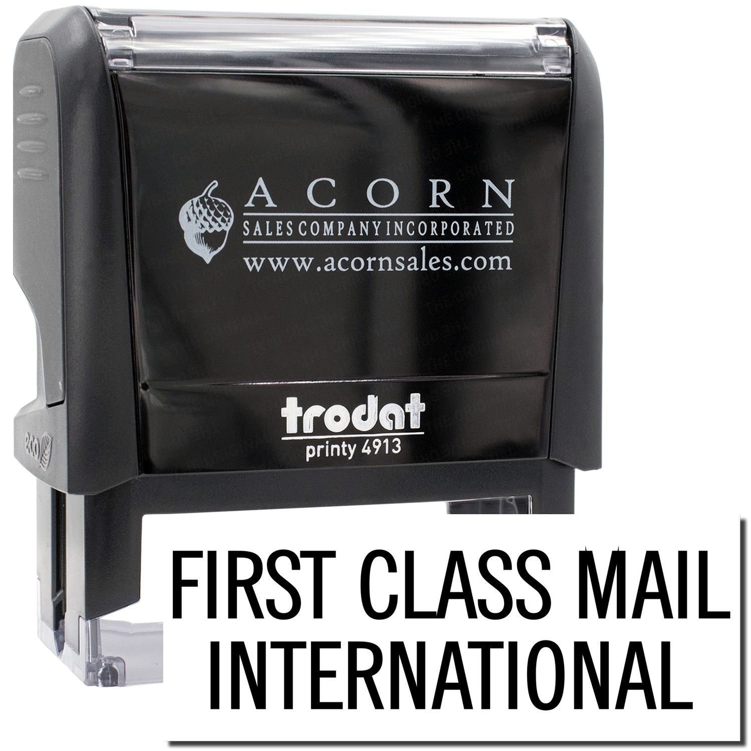 Acorn Sales Folt Printy 4913 stamp showing First Class Mail International for shipping, mailing services, and postage marking tools.