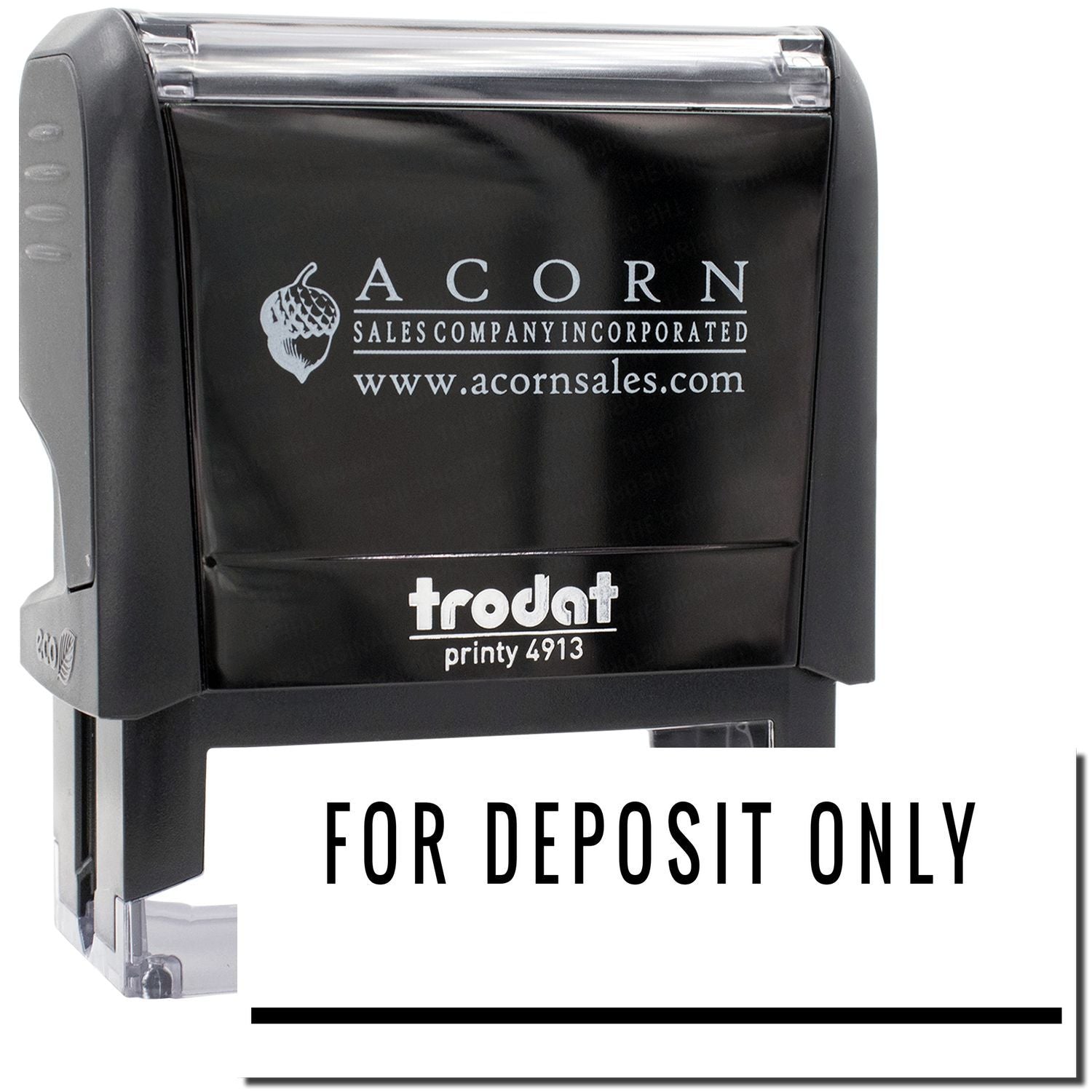 Acorn Sales Incorporated Printy 4913 For Deposit Only self-inking stamp for restricting money deposits on checks and documents.