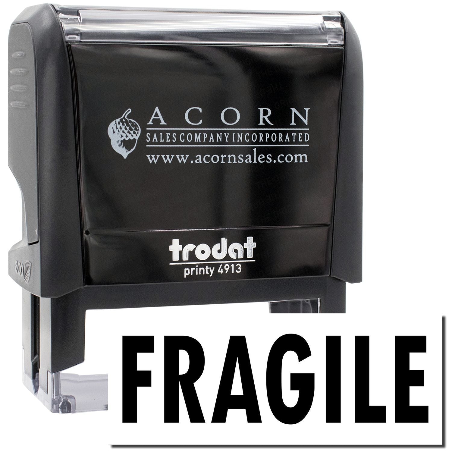Acorn Sales shipping stamp on Printy 4913 showing FRAGILE label for packaging and freight handling.