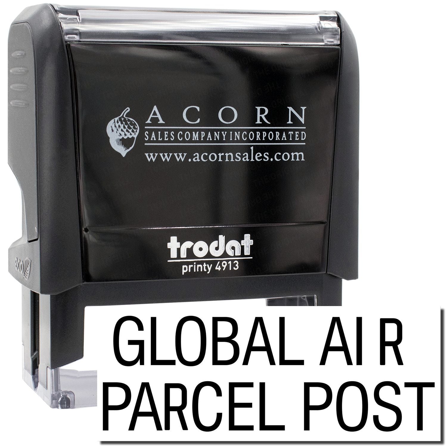 Trodat Printy 4913 stamp by Acorn Sales, featuring Global Air Parcel Post imprint for shipping labels and mail processing parcel service.