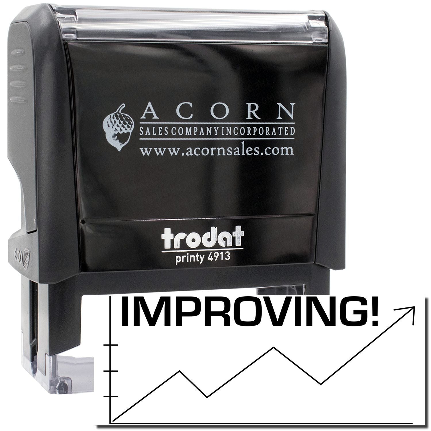 Acorn Sales Company Printy 4913 self-inking stamp showing IMPROVING! growth arrow graphic for sales branding and promotion campaign.