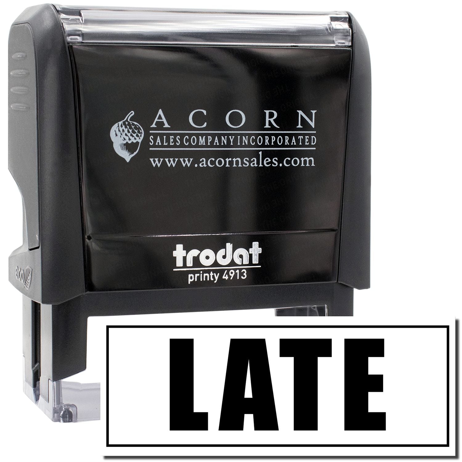 Trodat Printy self-inking 'LATE' stamp with Acorn Sales Company Inc branding for marking tardy shipments or attendance.