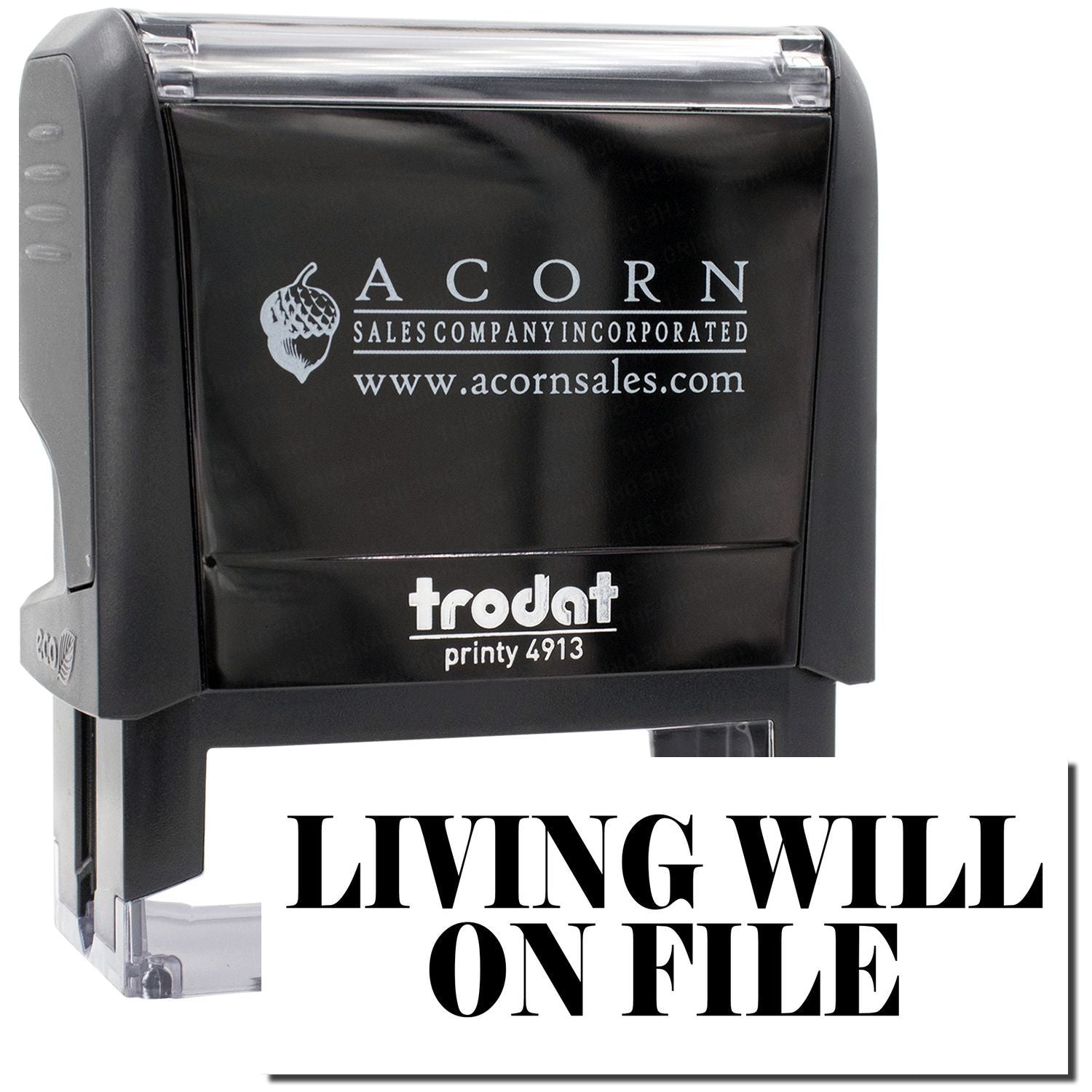 Trodat Printy 4913 stamp from Acorn Sales for LIVING WILL ON FILE, used to mark documents for filing and records.