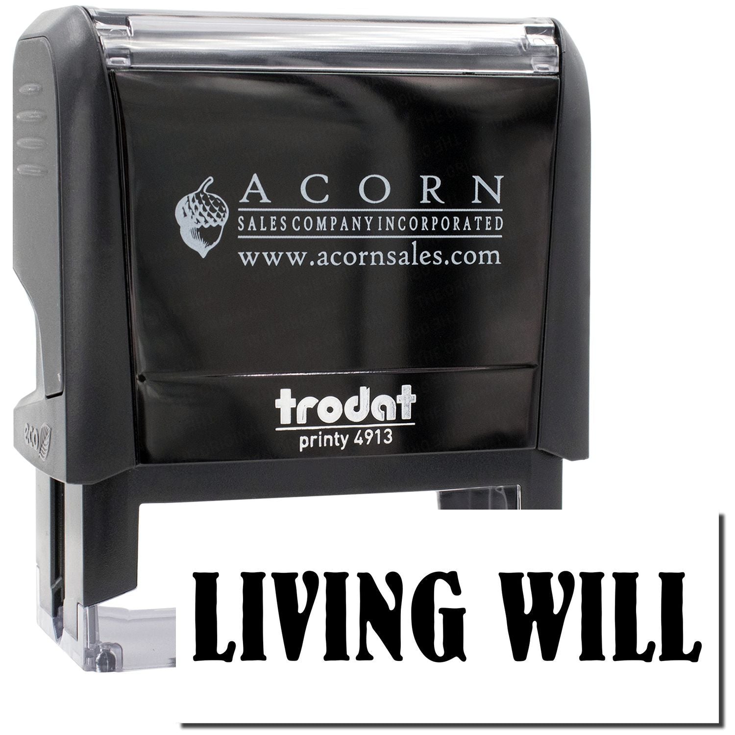 Trodat Printy 4913 stamp for LIVING WILL from Acorn Sales Company Incorporated, featuring acornsales.com branding.