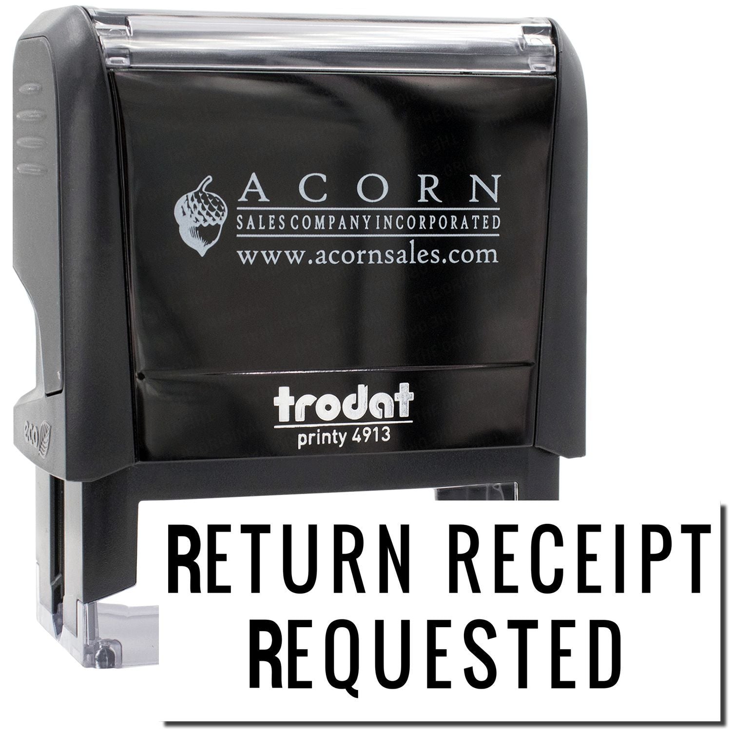 Trodat Printy 4913 self-inking stamp branded Acorn Sales, used to mark mail with Return Receipt Requested.