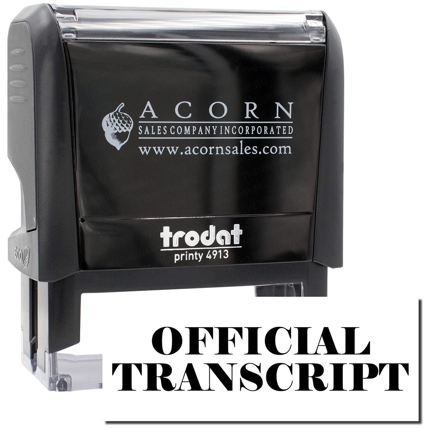 Acorn Sales Printy 4913 official transcript rubber stamp for validating and certifying school records on documents.