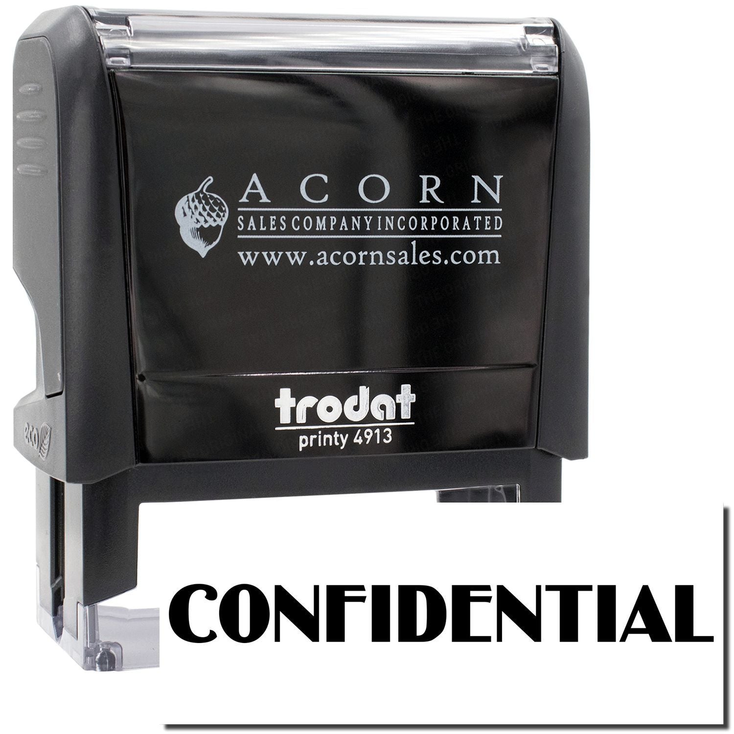 Acorn Sales self-inking stamp for printing CONFIDENTIAL on documents, Printy 4913 label shown.