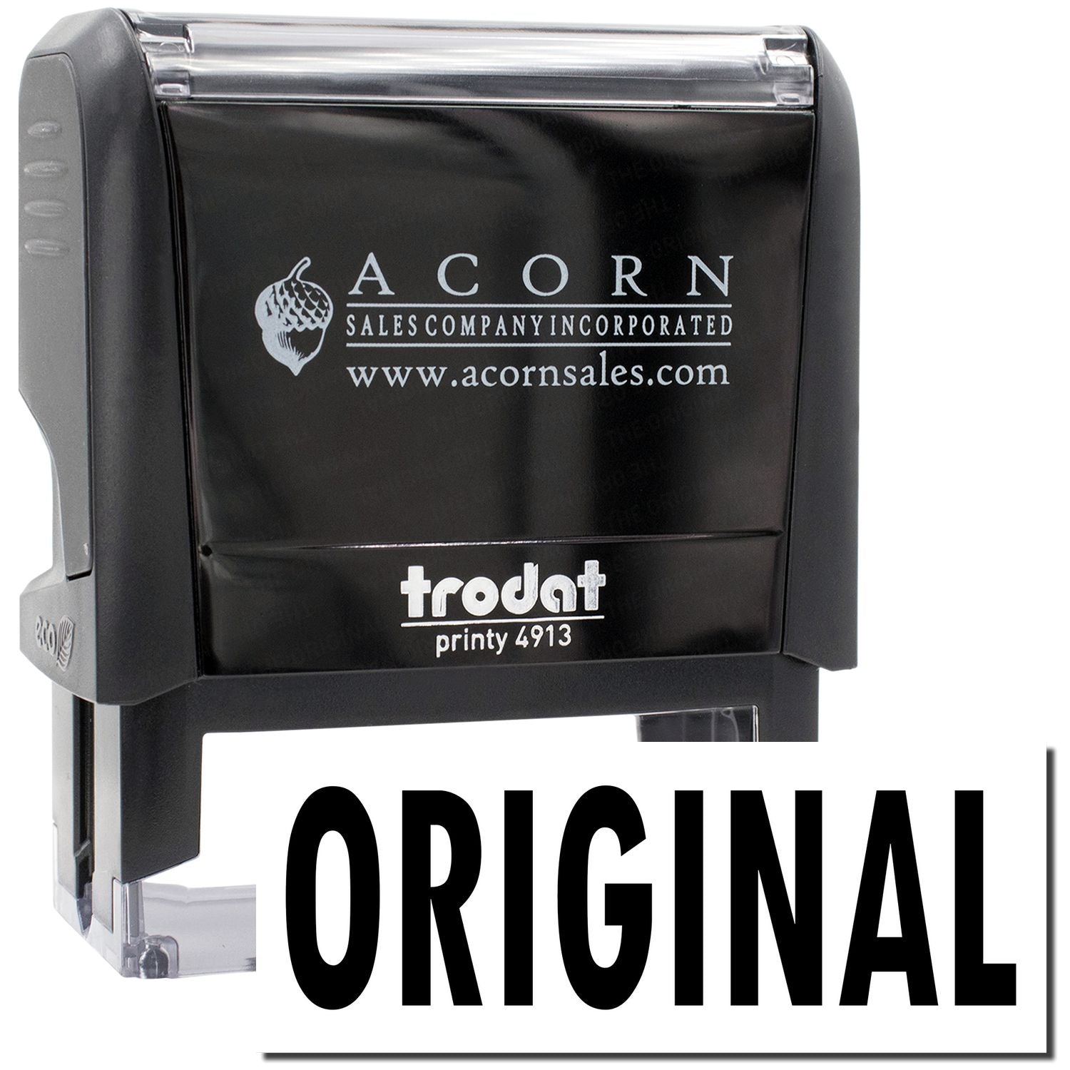 Trodat Printy 4913 stamp with Acorn Sales Company Incorporated logo, website, and ORIGINAL label for shipping documents.