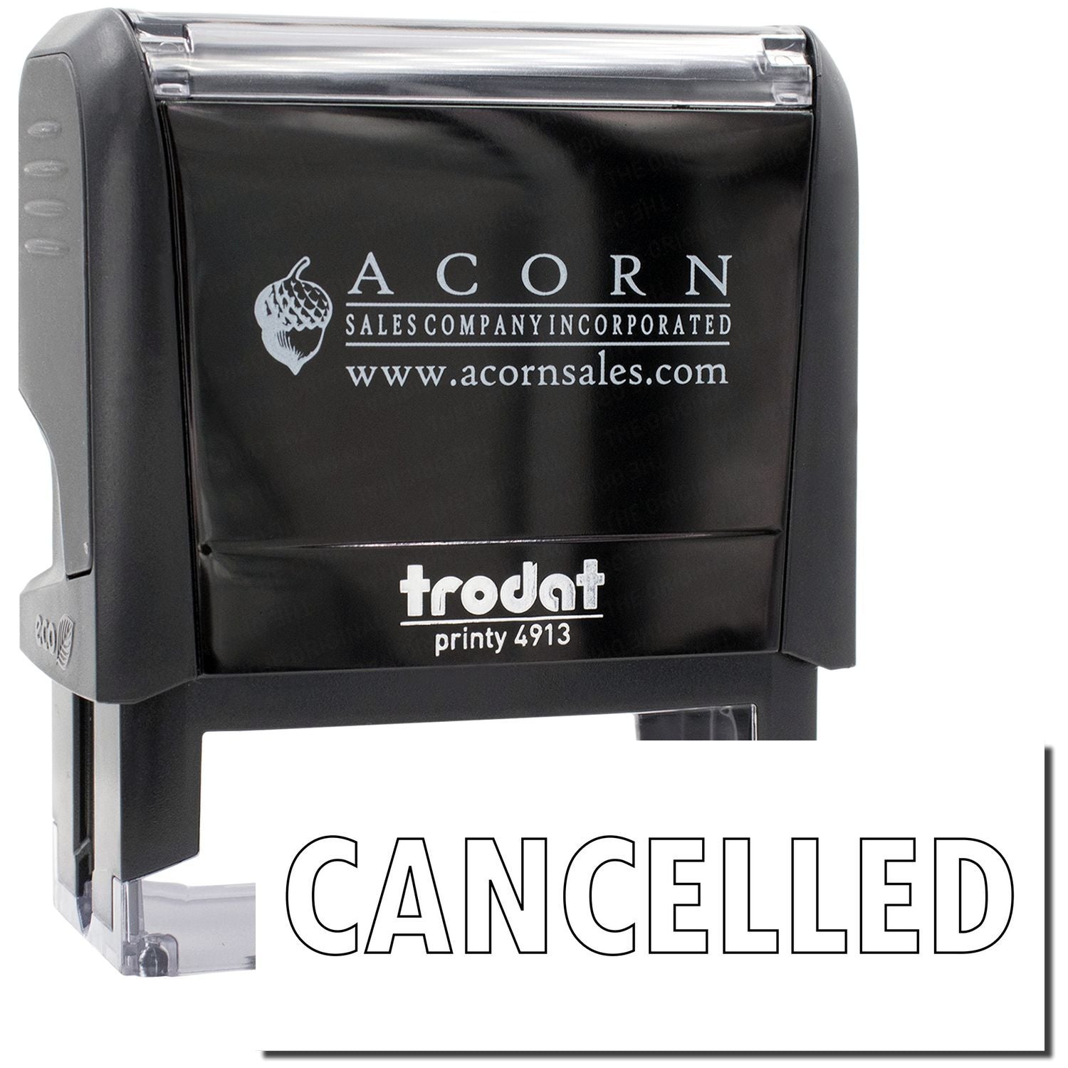 Acorn Sales Company Incorporated Printy 4913 CANCELLED office rubber stamp with Acorn logo for document marking.