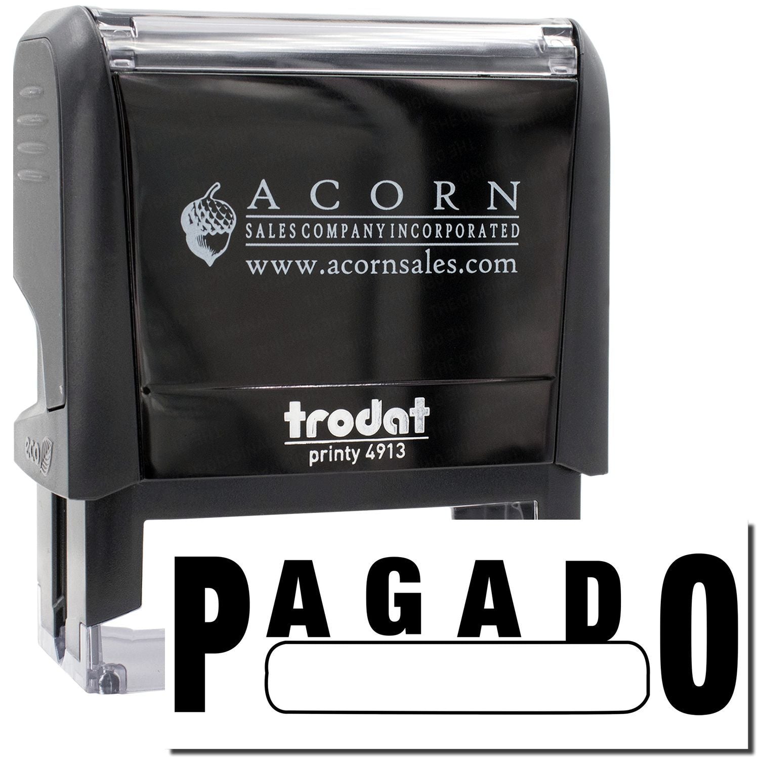Acorn Sales Trodat Printy 4913 self-inking stamp showing PAGADO, used to mark documents as paid proof of payment.