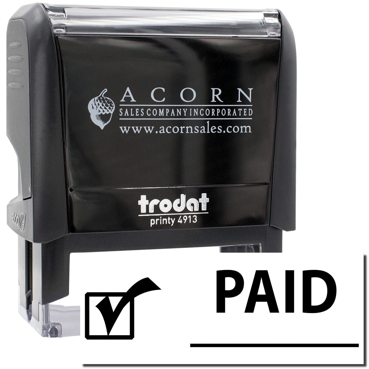 Acorn Sales Trodat Printy 4913 self-inking stamp with PAID marking for invoice payment confirmation