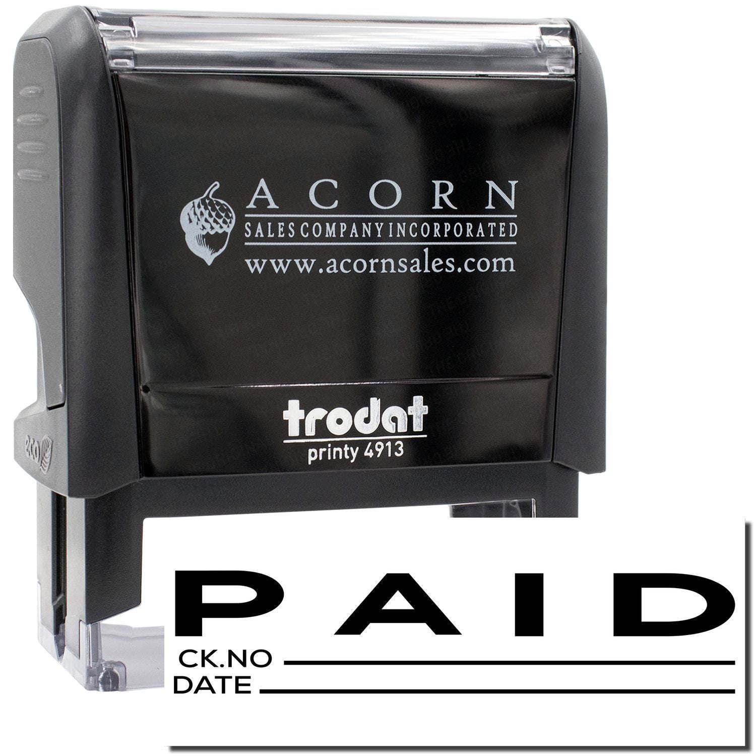 Acorn Sales Company Incorporated PAID stamp, Printy 4913, for marking invoices and documenting payment dates and check numbers.