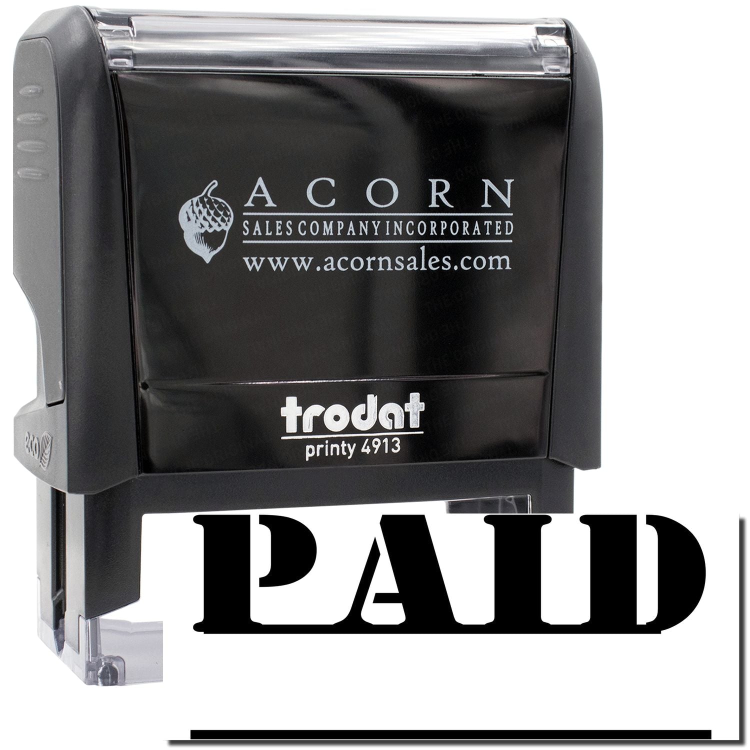 Trodat Printy 4913 PAID stamp featuring Acorn Sales Company Incorporated branding for marking business documents and receipts quickly