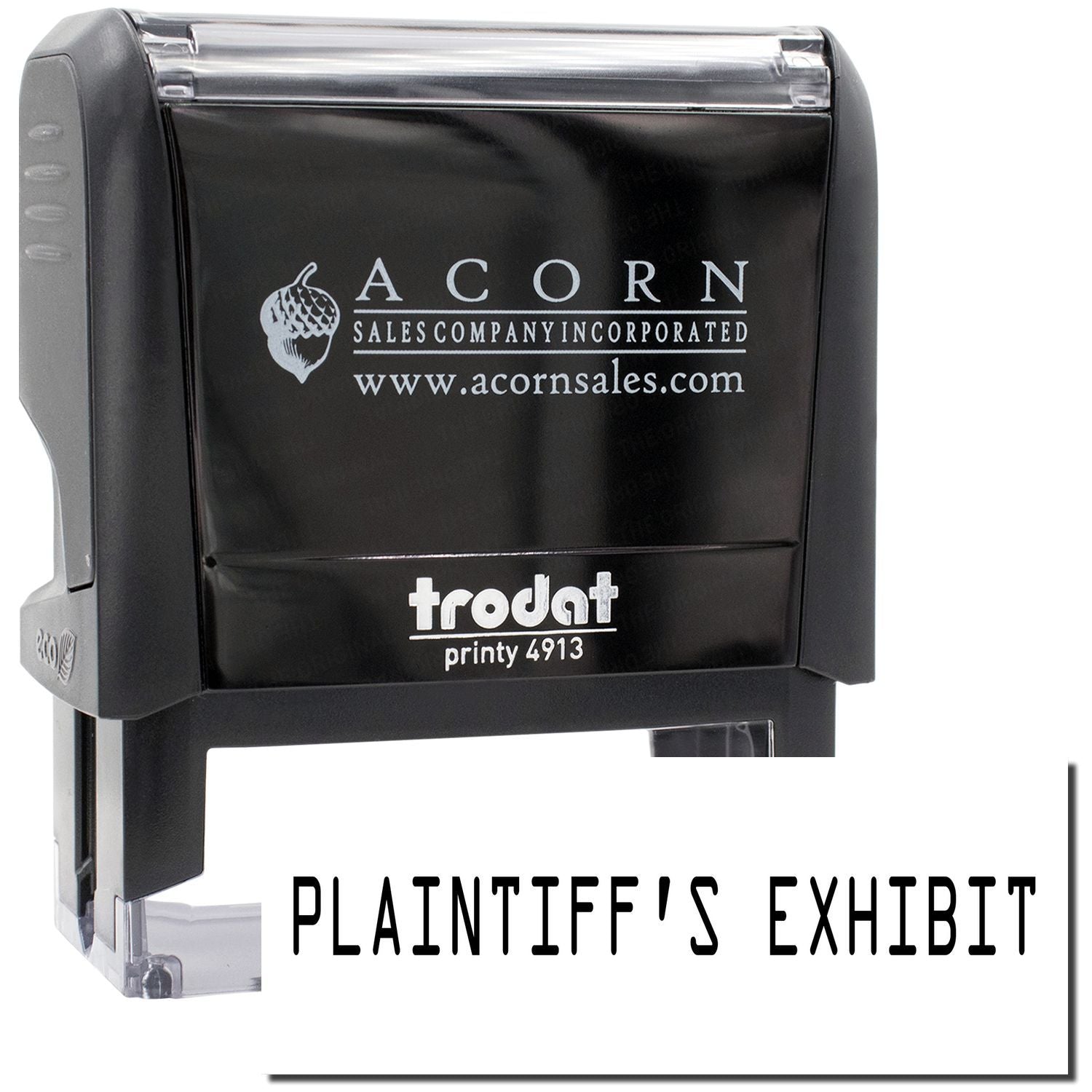 Trodat Printy 4913 self-inking stamp case with Acorn Sales logo and website, marked PLATNIFTS EXHIBIT