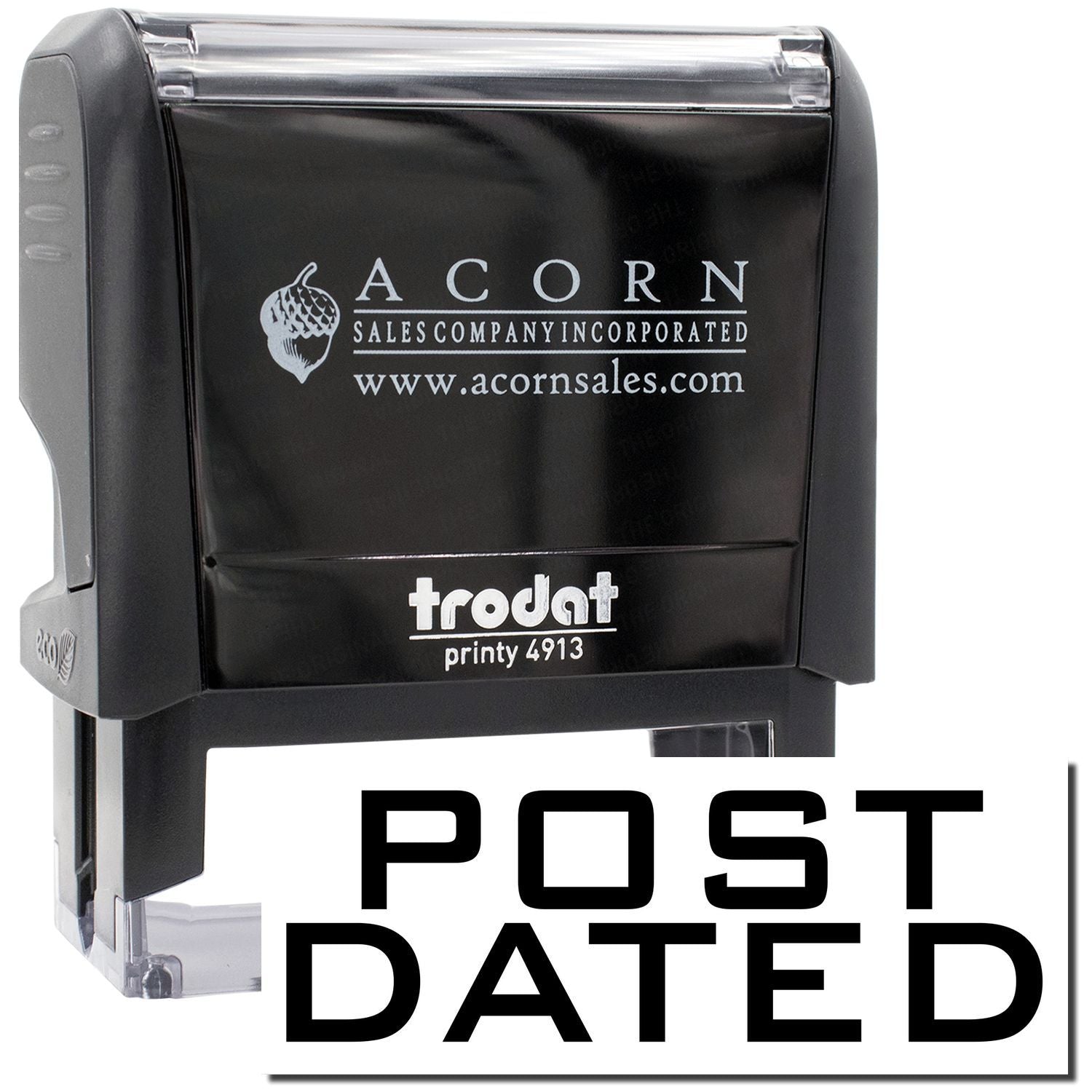 Trodat Printy 4913 office post-dated ink stamp for Acorn Sales Company Incorporated, showing acornsales.com branding and logo.
