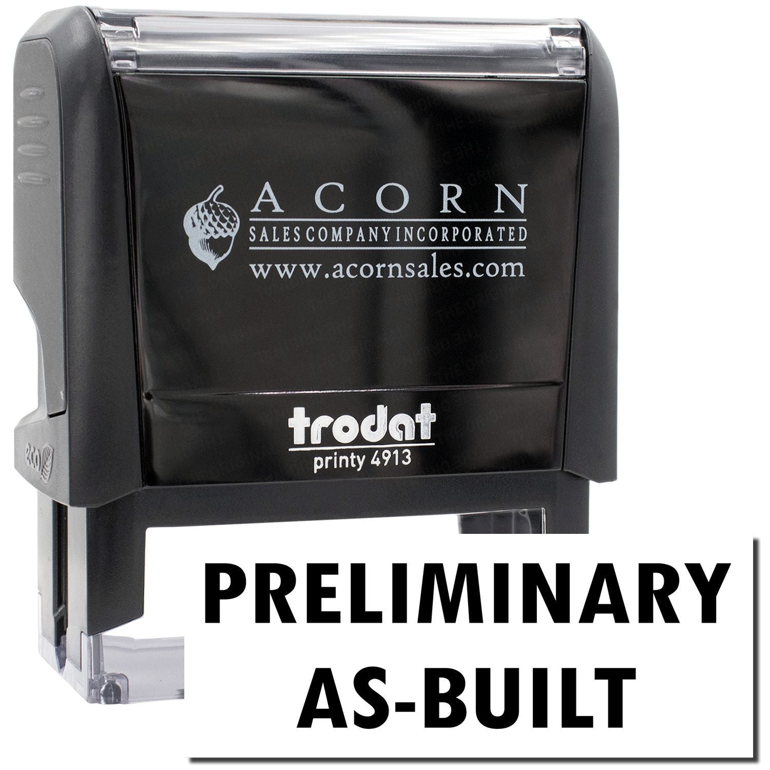 Acorn Sales Trodat Printy 4913 self-inking stamp for Preliminary AS-BUILT documents, showing acornsales.com branding.