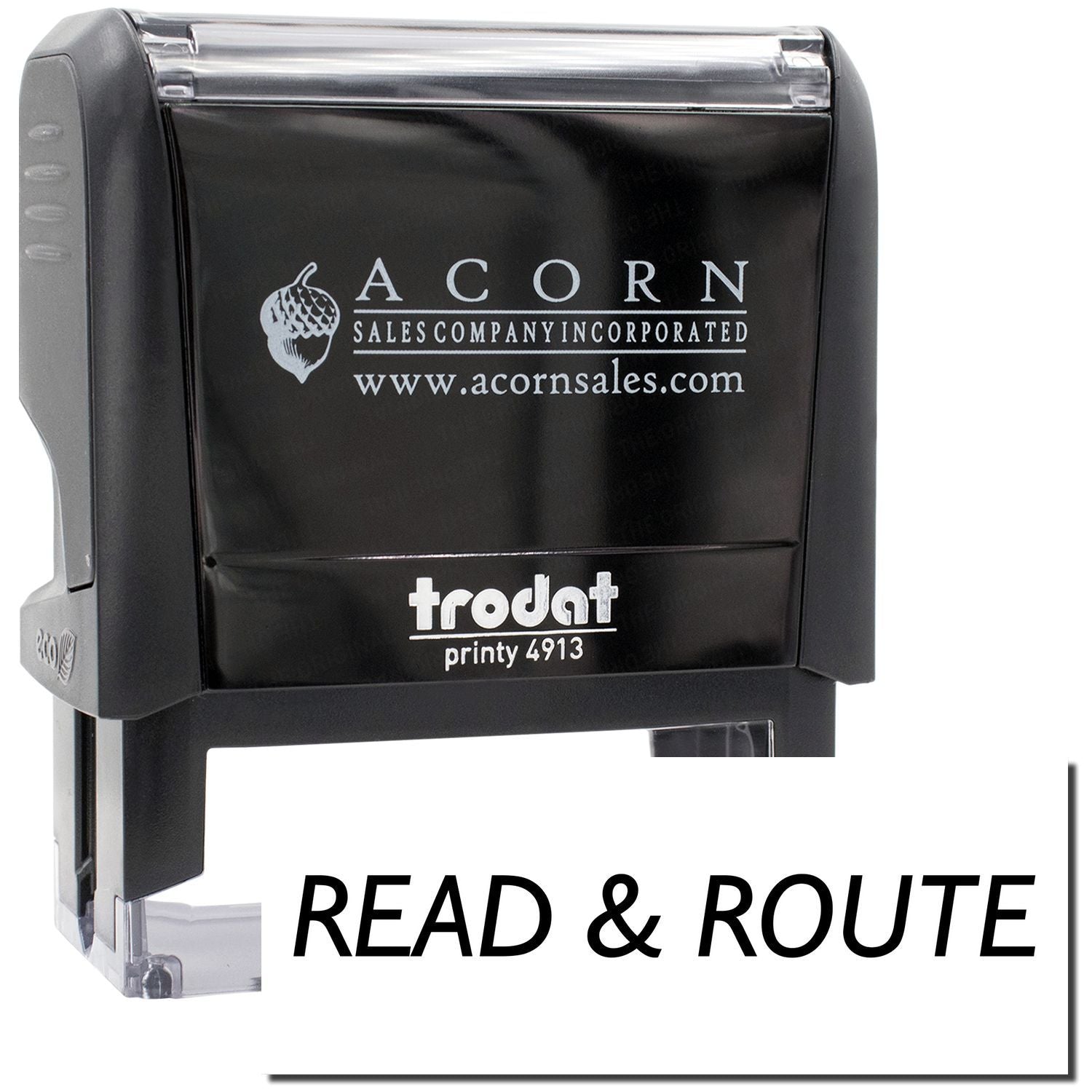 Trodat Printy 4913 custom Acorn Sales Company stamp with logo and READ & ROUTE text for mailroom processing and documents
