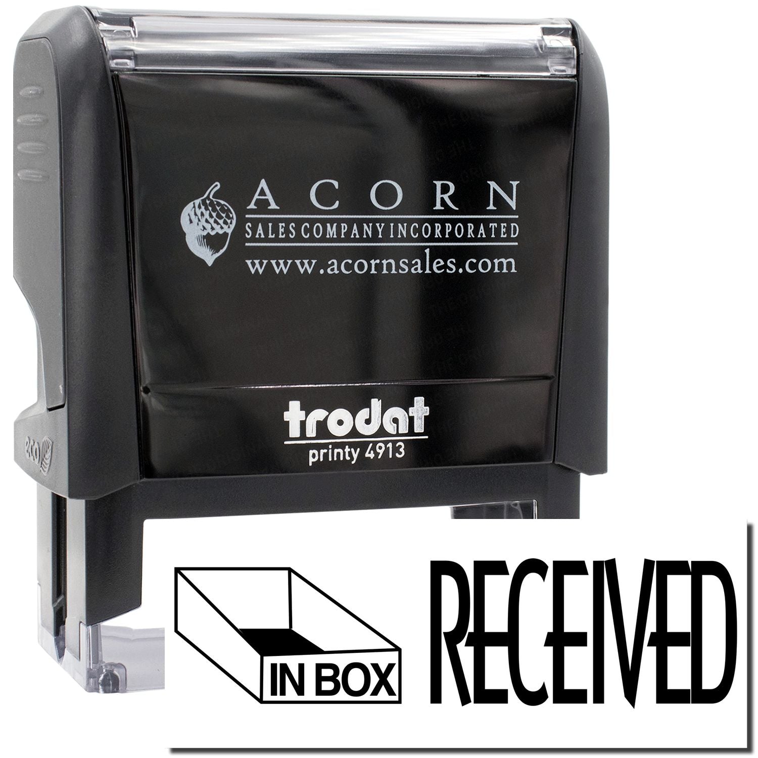Acorn Sales Printy 4913 stamp box label showing received-in-box message for easy online ordering and delivery.