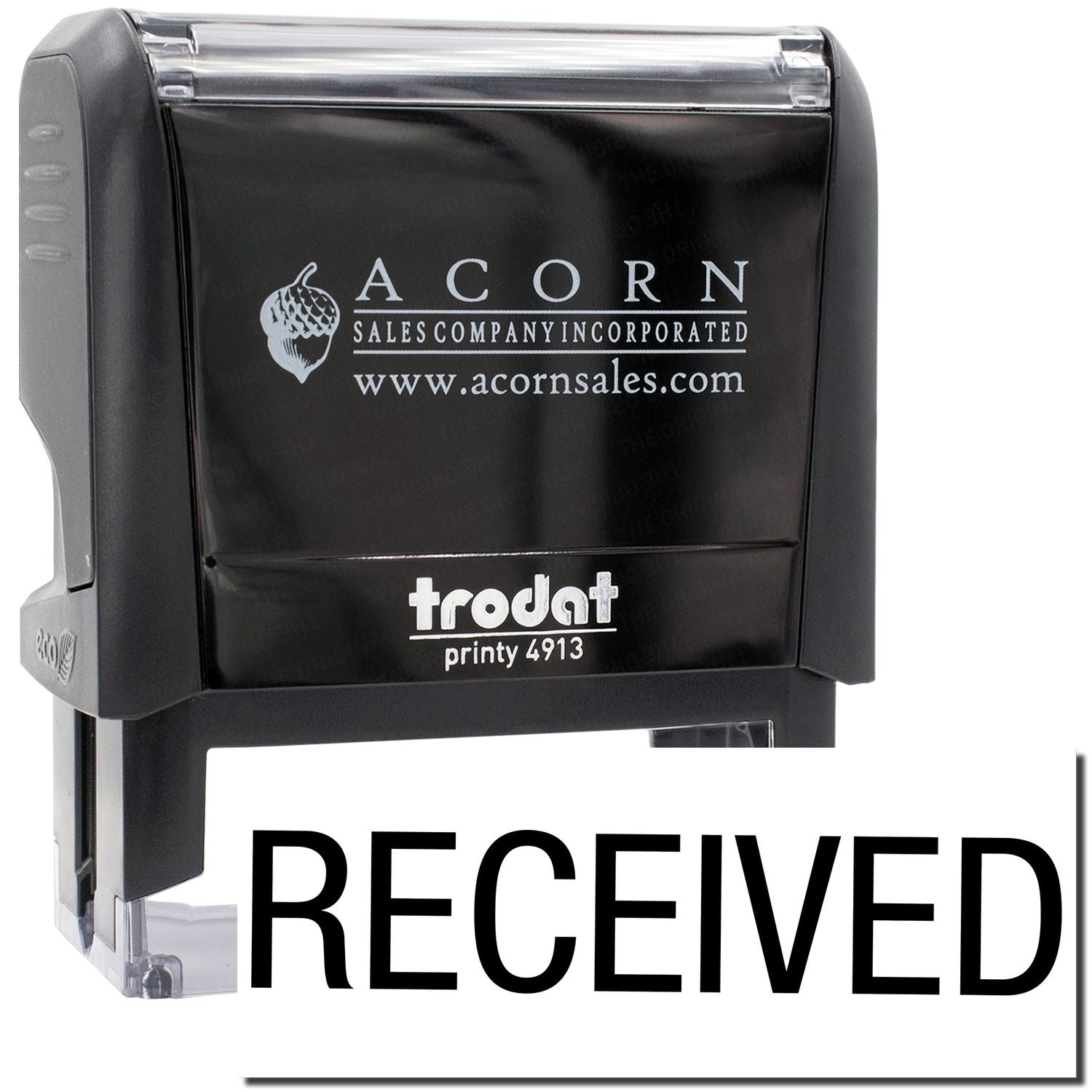 Acorn Sales received stamp on office paperworkPrinty 4913 pre-inked RECEIVED mark for invoices and shipping.