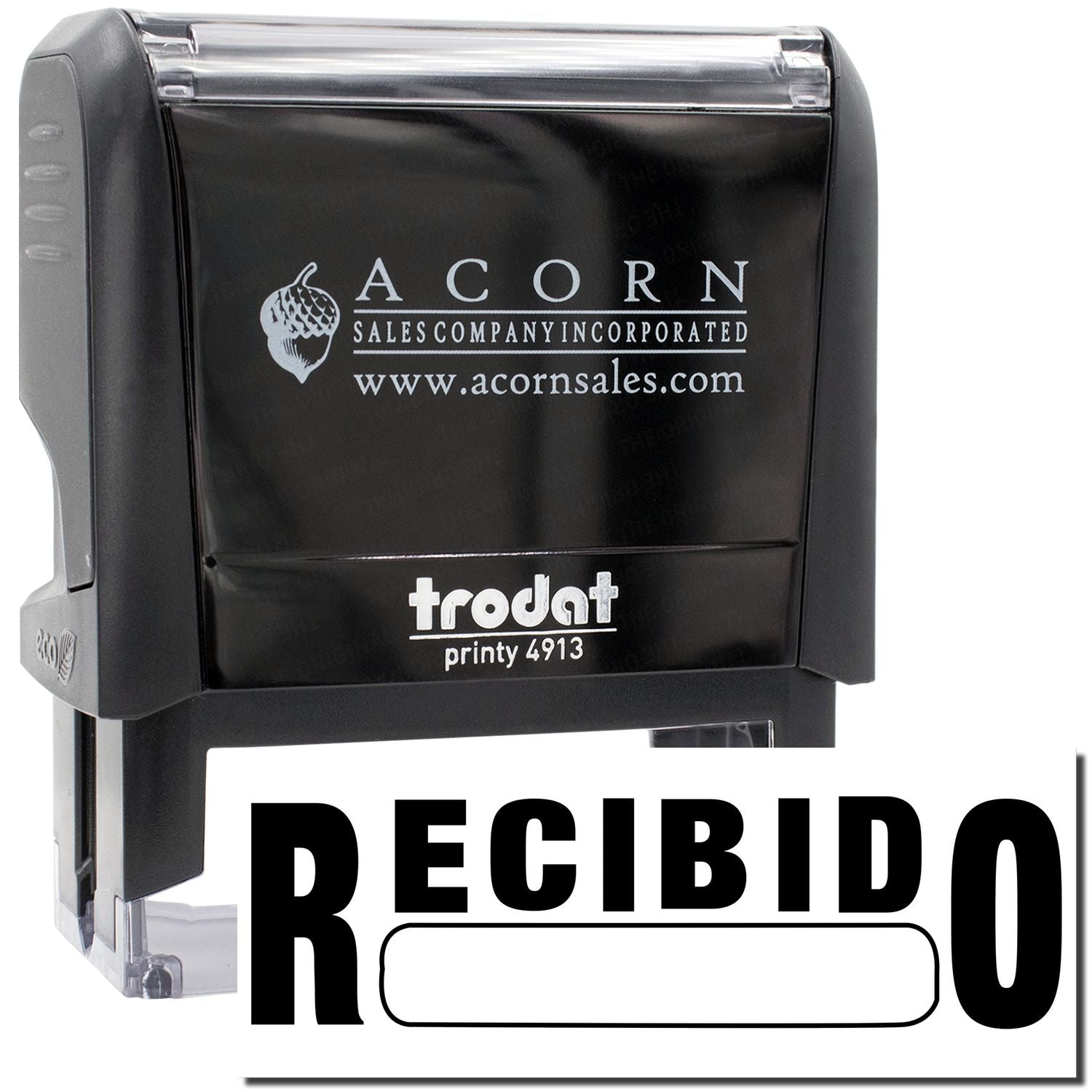 Acorn Sales custom stamp for document processing, showing recibido and printy 4913 imprint on ink roller.