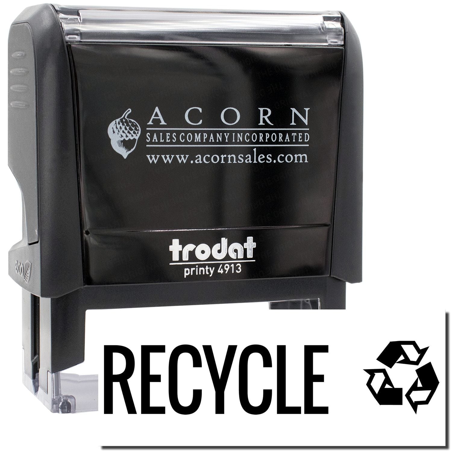 Acorn Sales recycling label printer stamp showing RECYCLE text and recycling icon for packaging waste compliance.