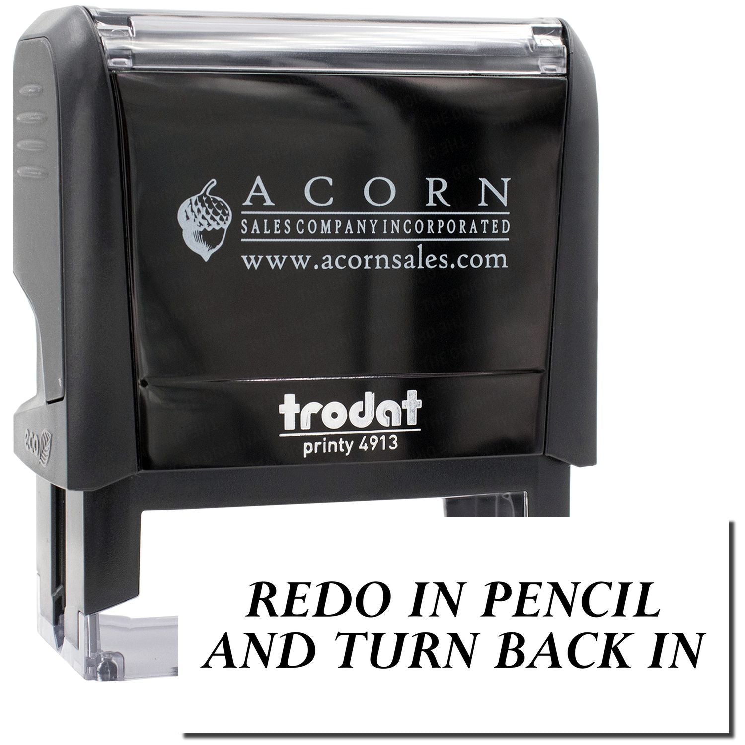 Acorn sales stamp reminder: redo in pencil and turn back in, showing printed message for document resubmission.