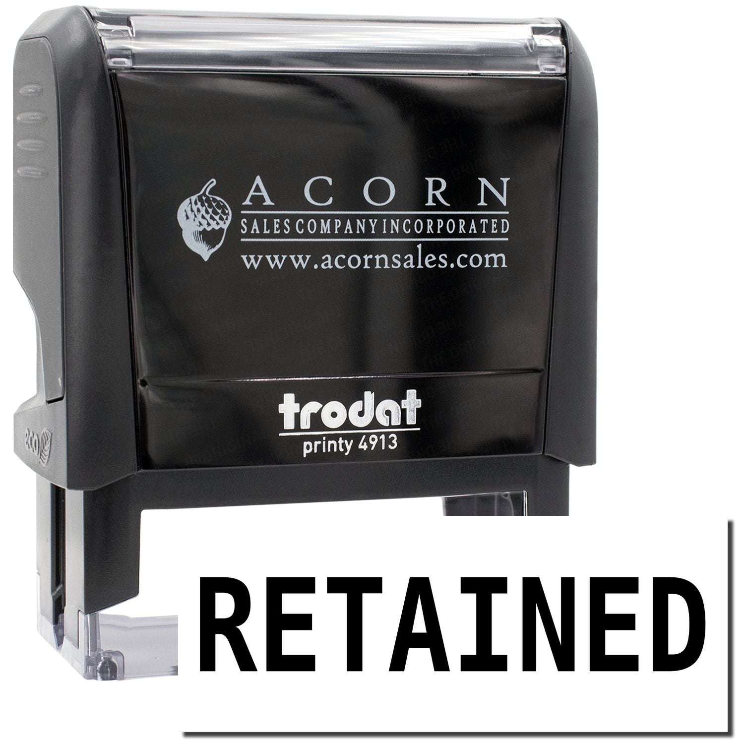 Acorn Sales Printy 4913 self-inking stamp labeled RETAINED for secure document marking and approval workflows.