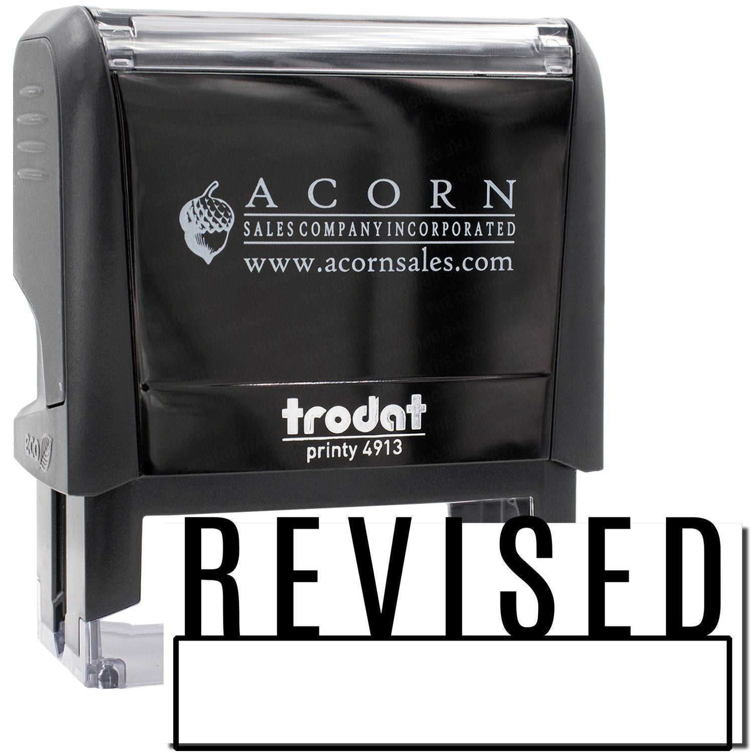 Acorn Sales Printy 4913 self-inking stamp showing REVISED, with AcornSales.com branding.